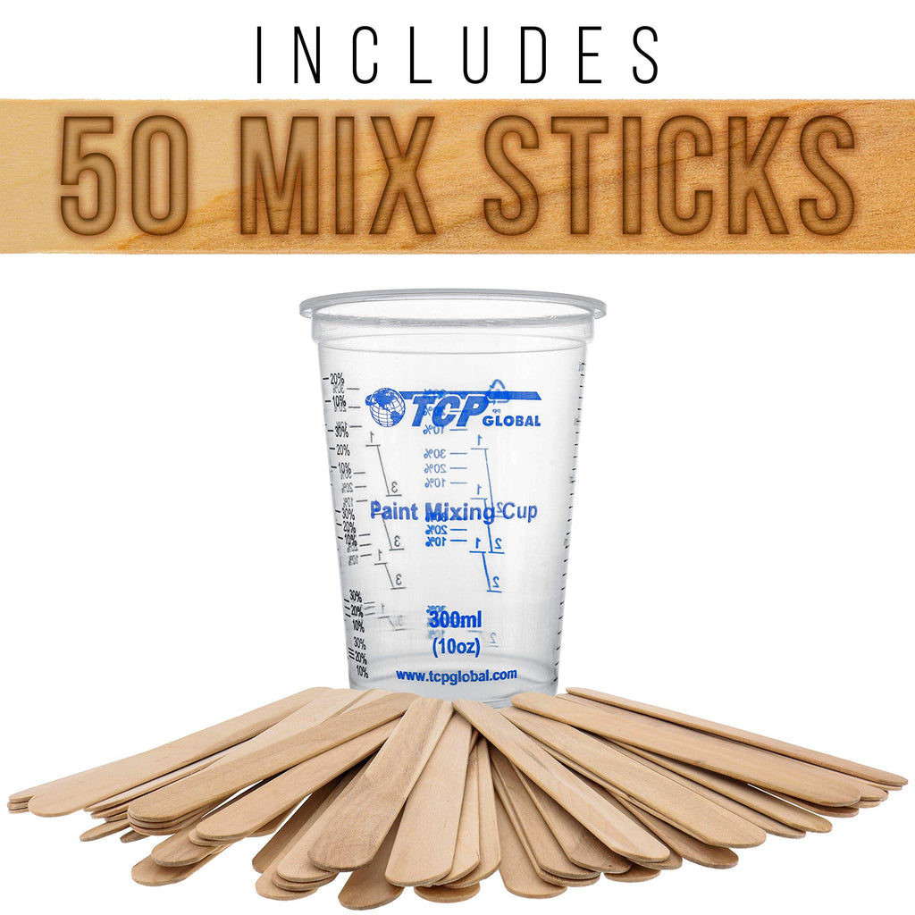 TCP Global 10 oz. (300ml) Graduated Plastic Mixing Cups - Box of 100 with 50 Mixing Sticks - Disposable Plastic Measuring Cups for Liquids, Paints, Resin, Epoxy, Art, Kitchen - Ratios 2-1, 3-1, 4-1 ML