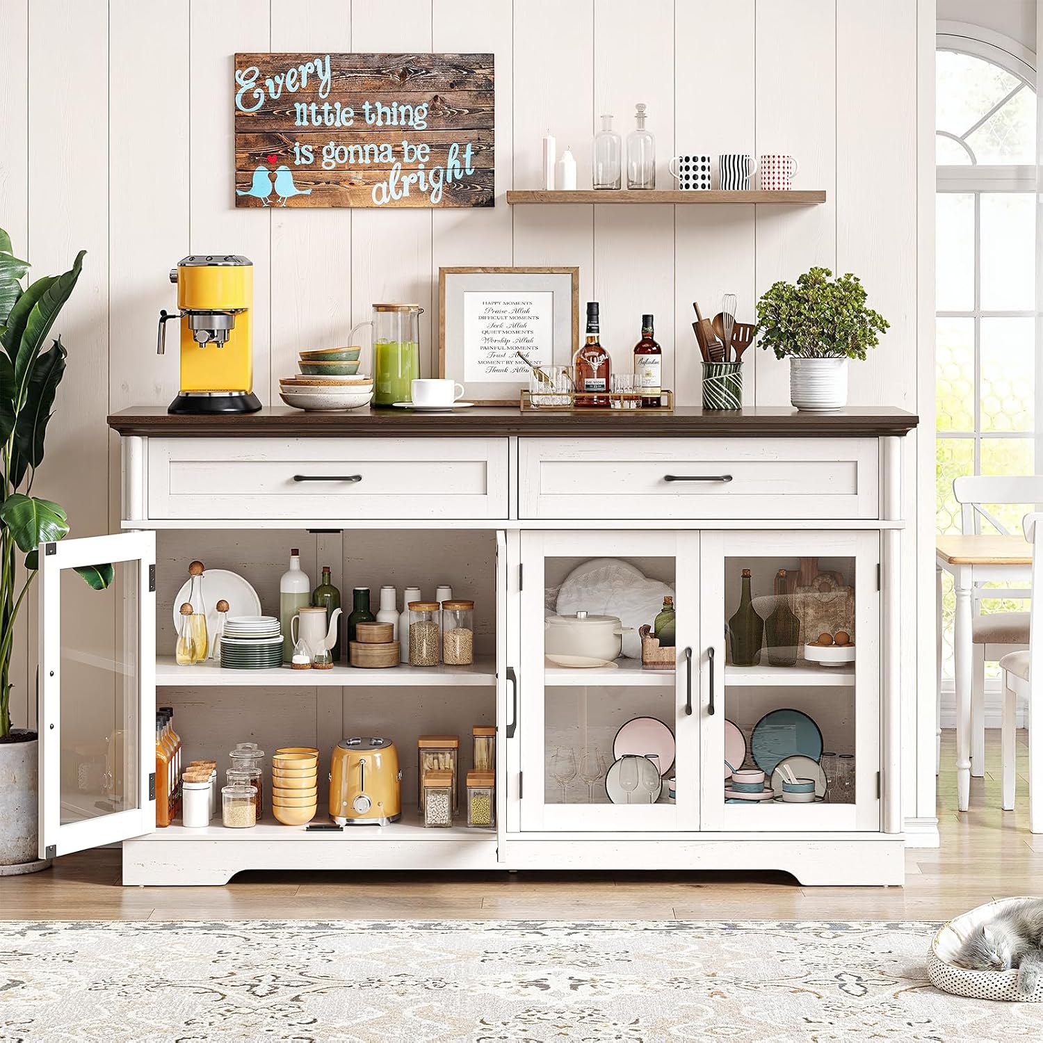 ONBRILL Buffet Cabinet with Storage, 60" Sideboard Cabinet with 4 Glass Doors and 2 Drawers, Modern Storage Console with Adjustable Shelves for Kitchen, Living Room, Off White