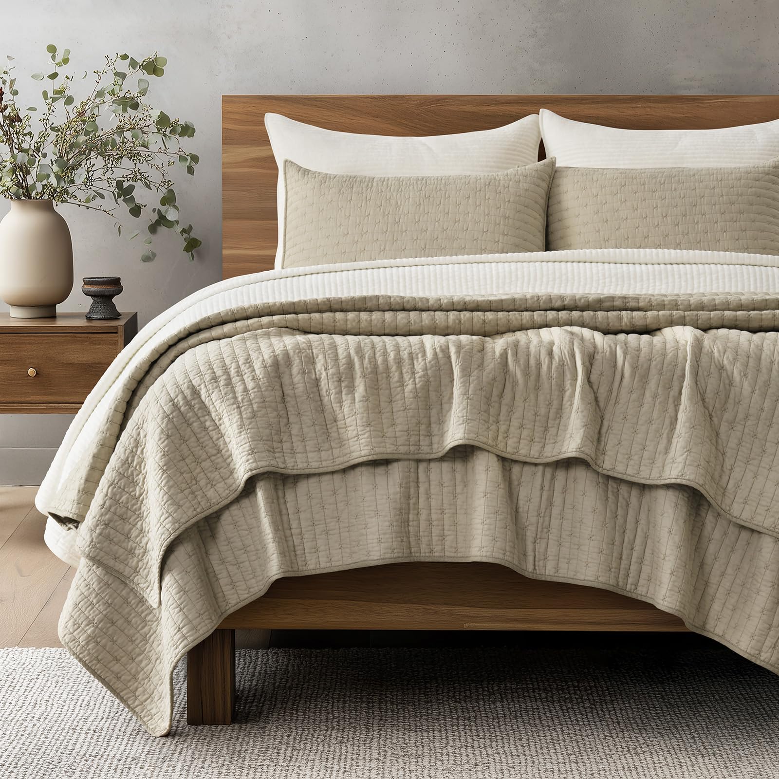 EVERGRACE Cotton Border Frame Tack-Stitch Quilt Bedding Set Queen Size, Coastal Oversized 3 Pieces Lightweight Bedspread Coverlet for All Season, with 2 Matching Shams, Blue Linen
