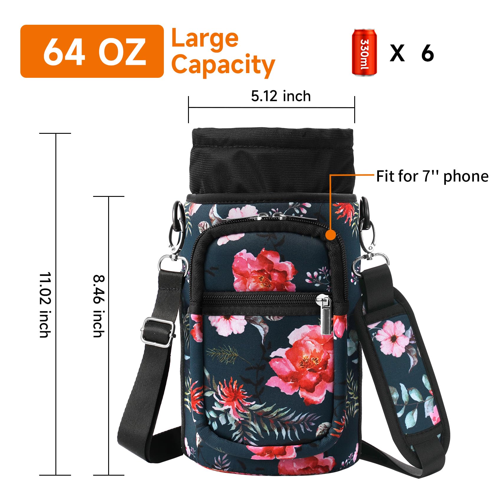 AceTreker 32/40/64/128 oz Neoprene Insulated Water Bottle Carrier Bag, Sling Bag Sleeve Pouch Holder with Strap & Paracord Handle and 2 Pocket for Travelling, Hiking, Camping