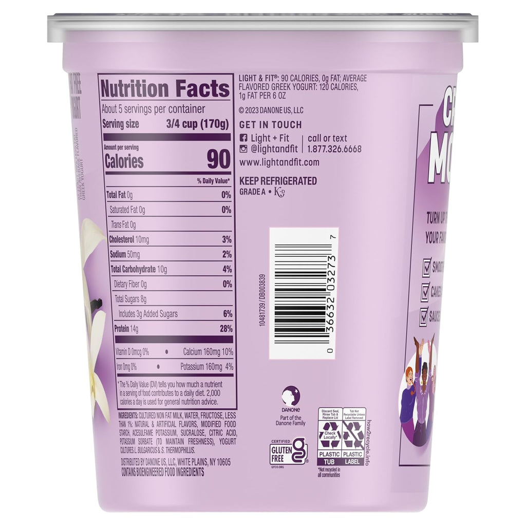 Light & Fit by Dannon Greek Nonfat Yogurt, Vanilla, Gluten-Free, 32 oz.
