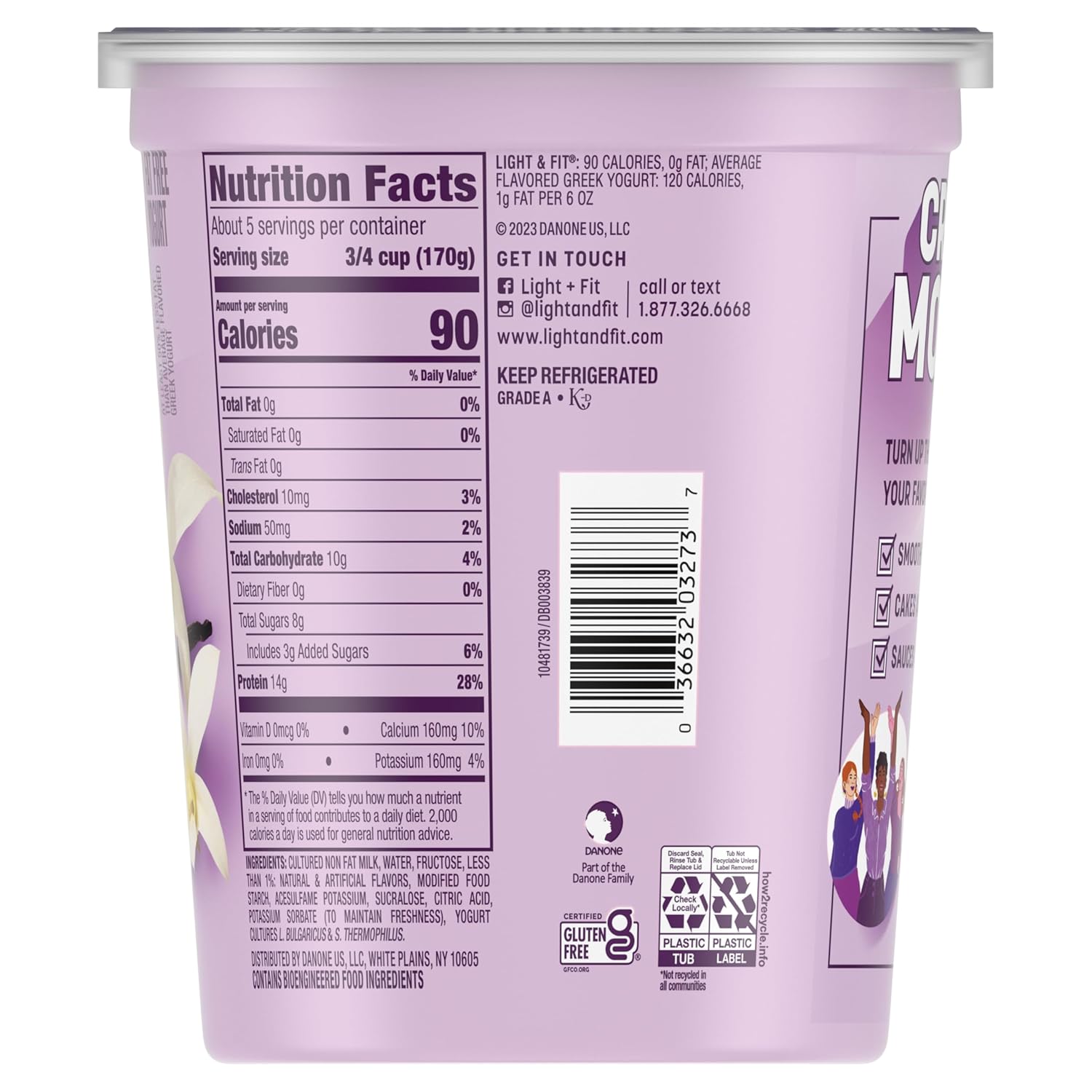 Light & Fit by Dannon Greek Nonfat Yogurt, Vanilla, Gluten-Free, 32 oz.
