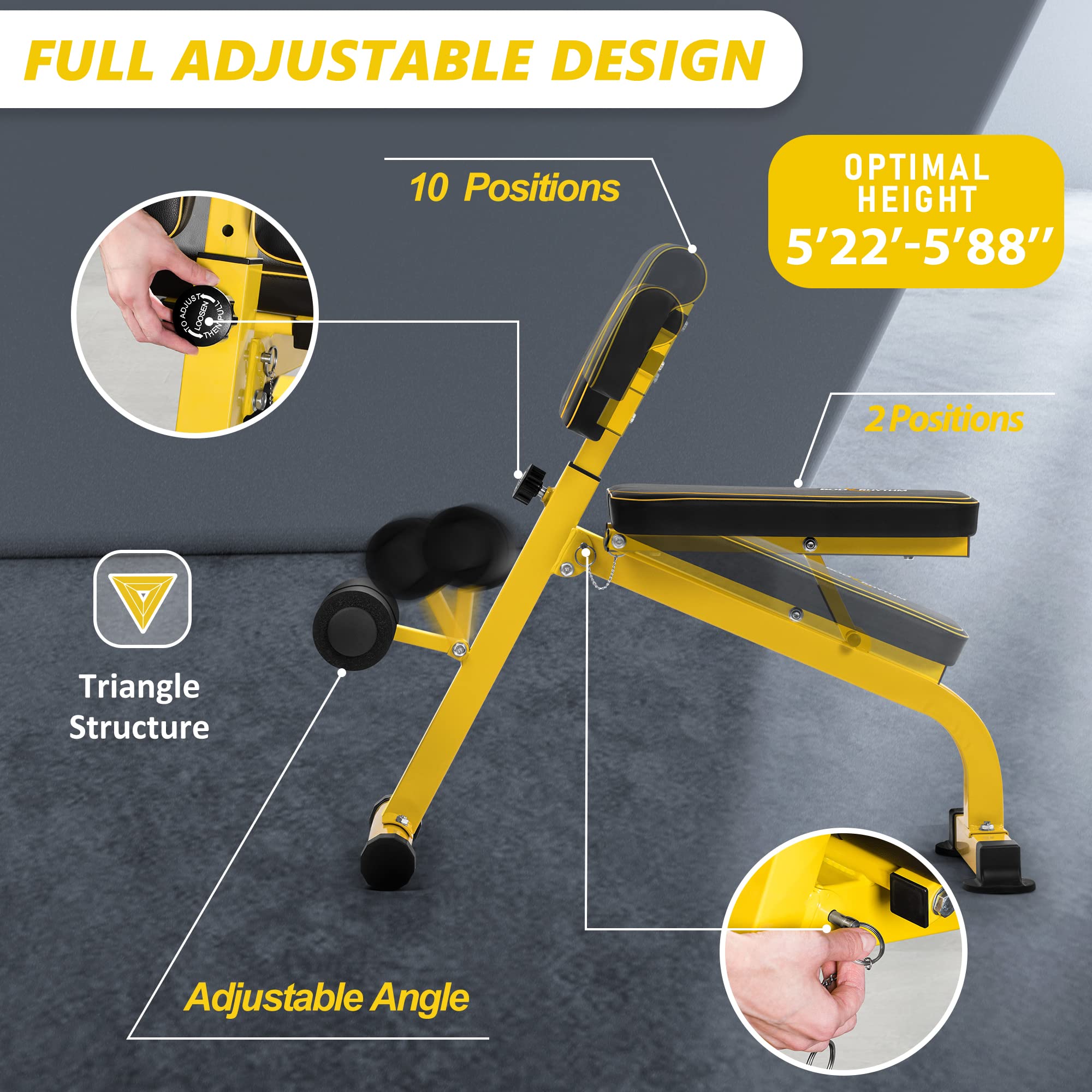 BODYRHYTHM Compact Adjustable Weight Bench for Full Body Strength Training, Ab/Back Hyper Roman Chair, Adjustable Ab Sit up Bench, Incline Decline Bench, Flat Bench, Hyperextension Bench, Back Extension Machine