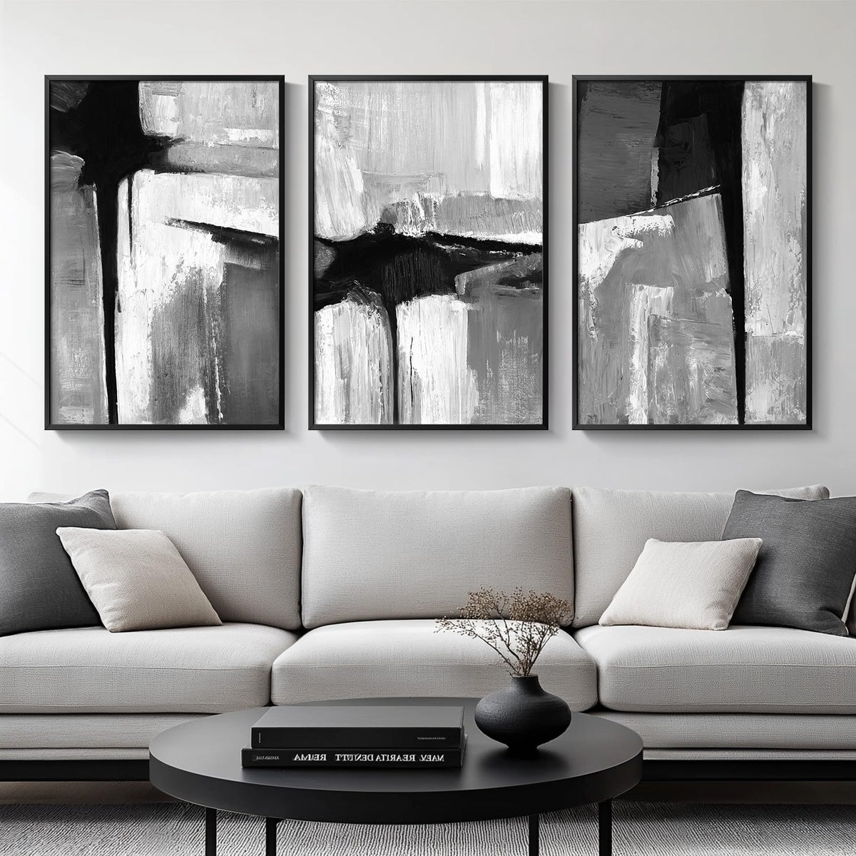 Framed Black and White Modern Abstract Wall Art, 3 Piece Canvas Prints Paintings Artwork for Walls, Minimalist Black White Grey Pictures for Living Room Dining Room Bedroom Office Wall Decor 16x24 In