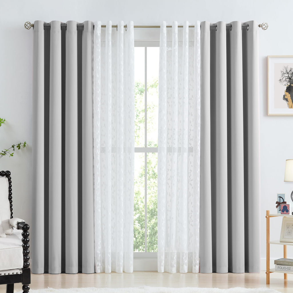 Jubilantex Full Blackout Curtains + Leaf Sheer Window Panels, Beige Mix and Match Style Double Layer Window Treatment Sets for Bedroom Living Room, 4 Panels 52" W x 63" L, Beige and White