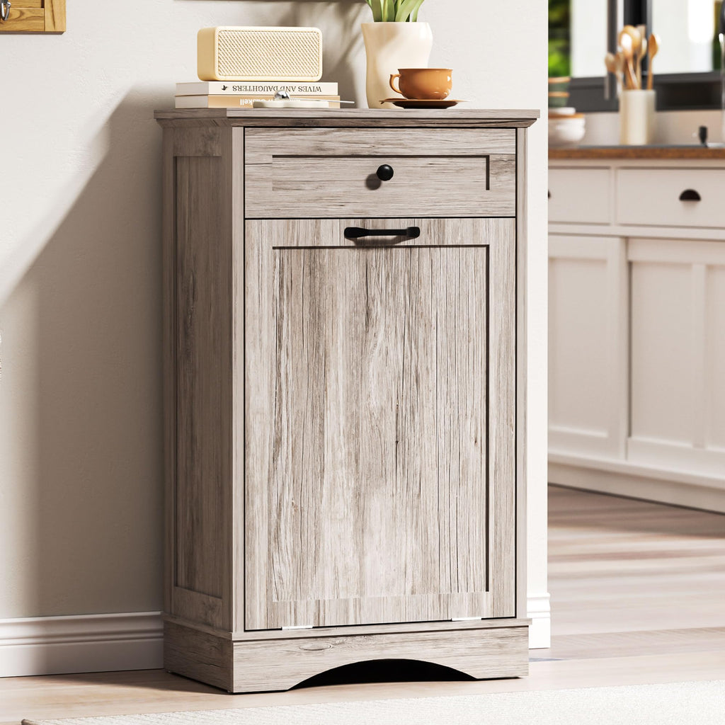 AHB Double Tilt Out Trash Can Cabinet Freestanding Kitchen Trash Can, 2x13 Gallons Hidden Garbage Recycling Cabinet with Hideaway Drawers Pet Proof Trash Can Holder for Kitchen, Antique White