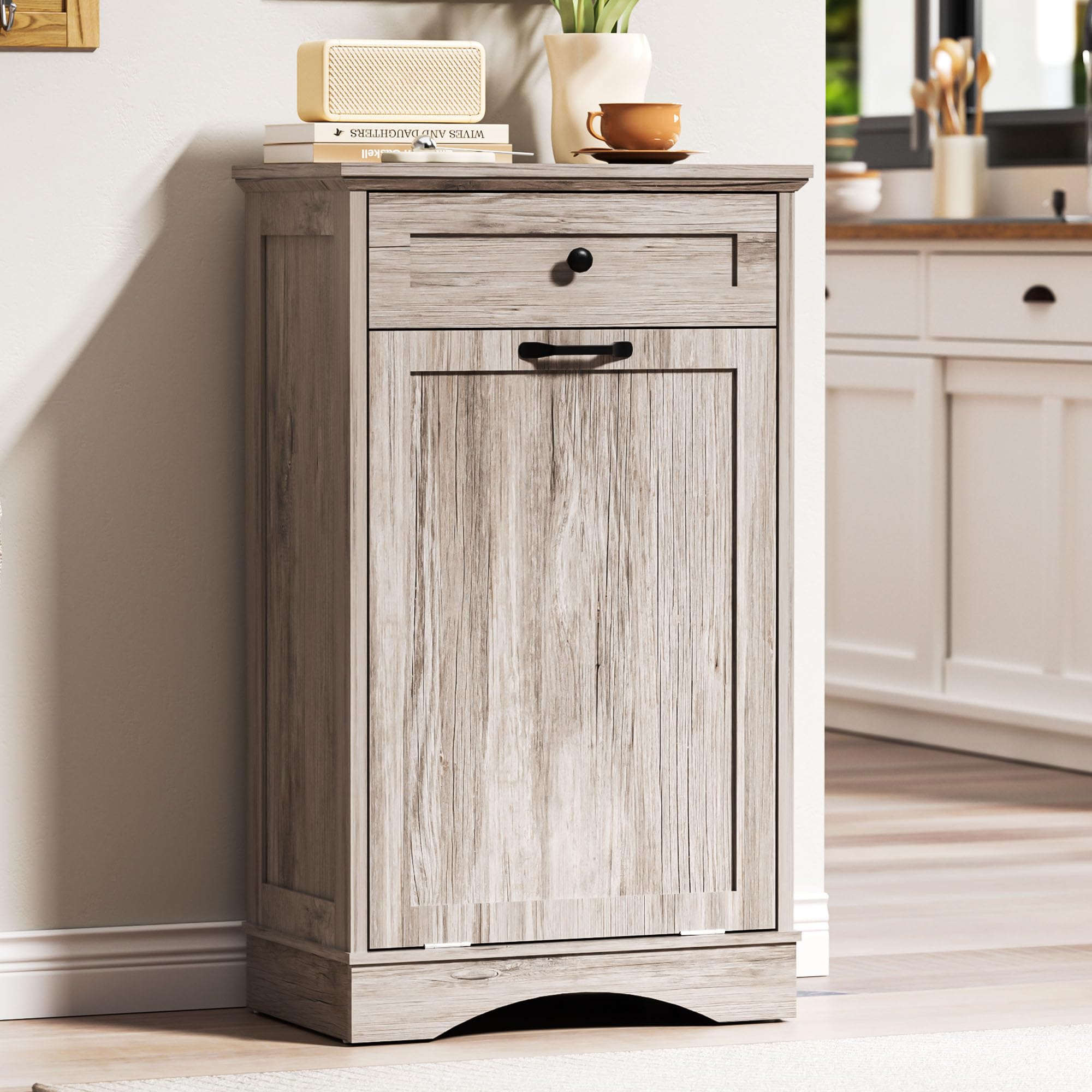 AHB Double Tilt Out Trash Can Cabinet Freestanding Kitchen Trash Can, 2x13 Gallons Hidden Garbage Recycling Cabinet with Hideaway Drawers Pet Proof Trash Can Holder for Kitchen, Antique White