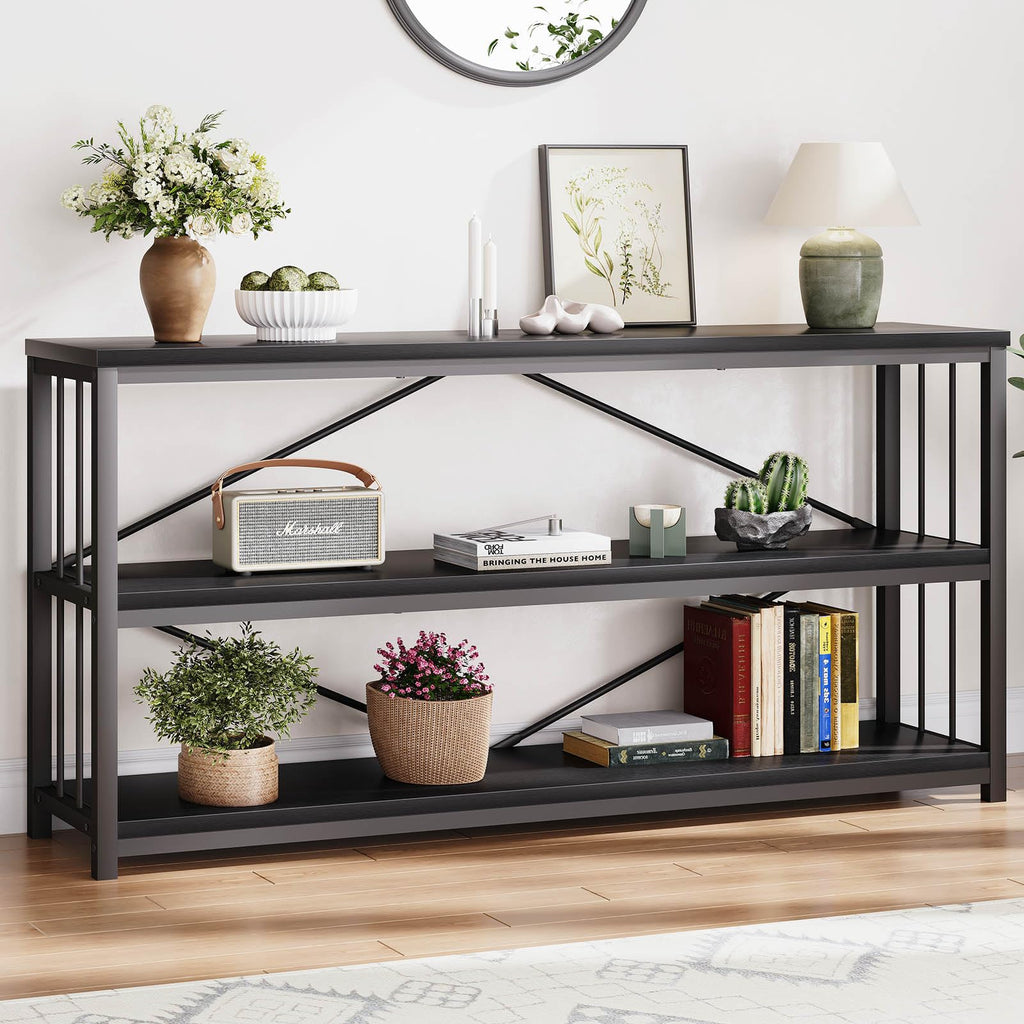 LVB Black Console Table, Modern Entryway Table for Hallway Living Room, Industrial Sofa Table Behind Couch, Farmhouse Wooden Metal Entry Table for Foyer with 3-Tier Storage Shelves, Black Oak, 55 Inch