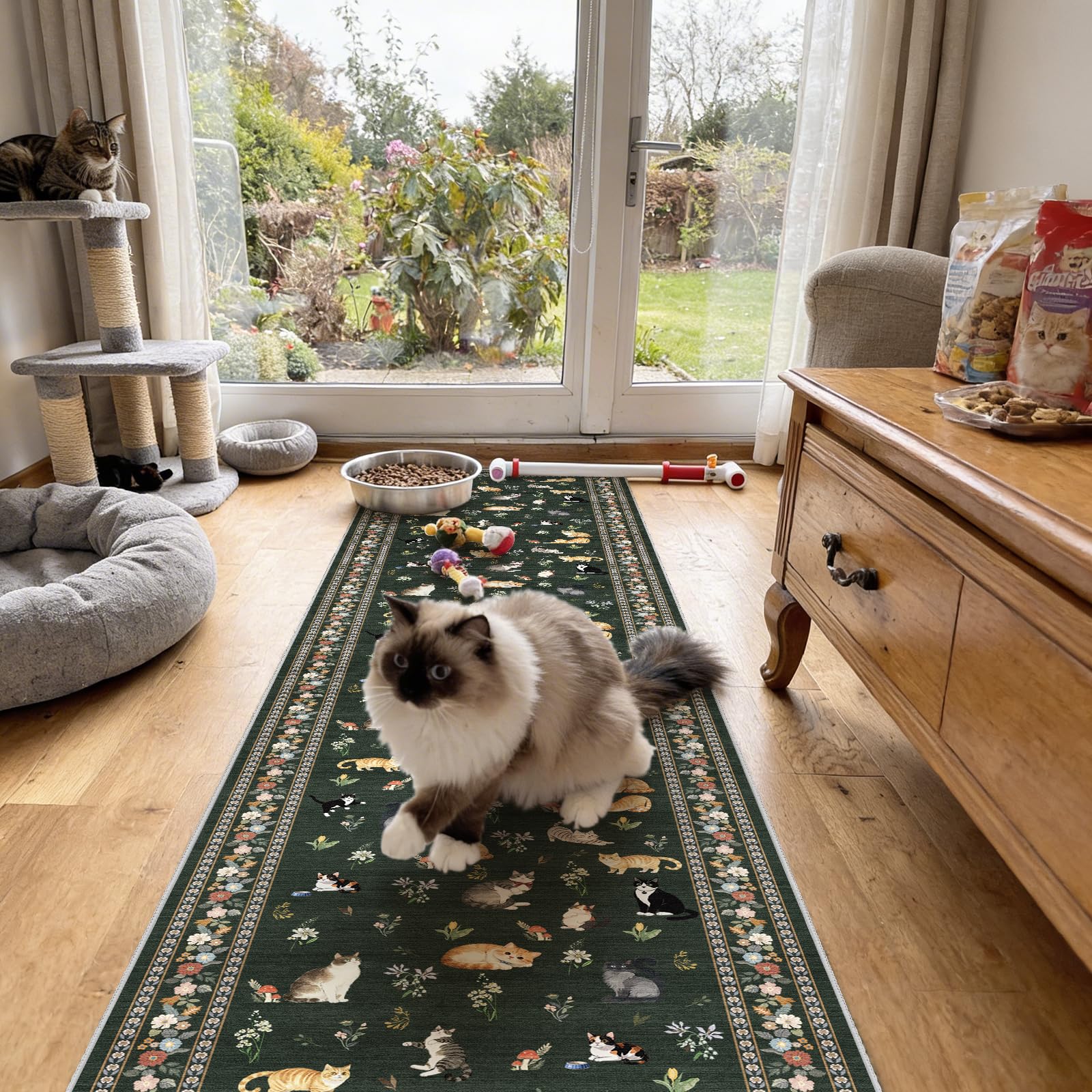 2x5 Washable Kitchen Runner Rug - Soft Low Pile Floral Animal Cat Print Rugs with Non-Slip Backing Waterproof Stain-Resistant Indoor Carpet for Hallway Entryway Bathroom Bedroom (Black)