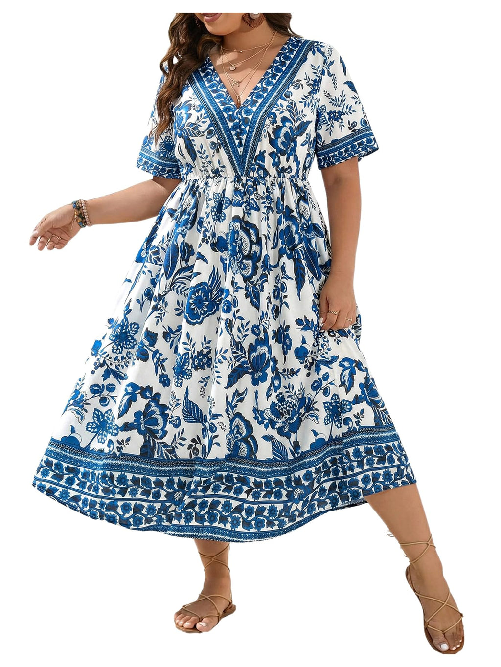 Floerns Women's Plus Size Boho Hawaiian Tropical Dresses V Neck Short Sleeve Floral A Line Long Dress Vacation Beach Outfits
