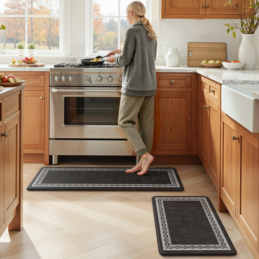KIMODE Anti Fatigue Kitchen Mats 17"x47"+17"x29", Farmhouse Kitchen Rugs Sets of 2, Cushioned Non Skid Kitchen Mats for Floor, Comfort Kitchen Floor Mats for Sink Laundry Desk Black