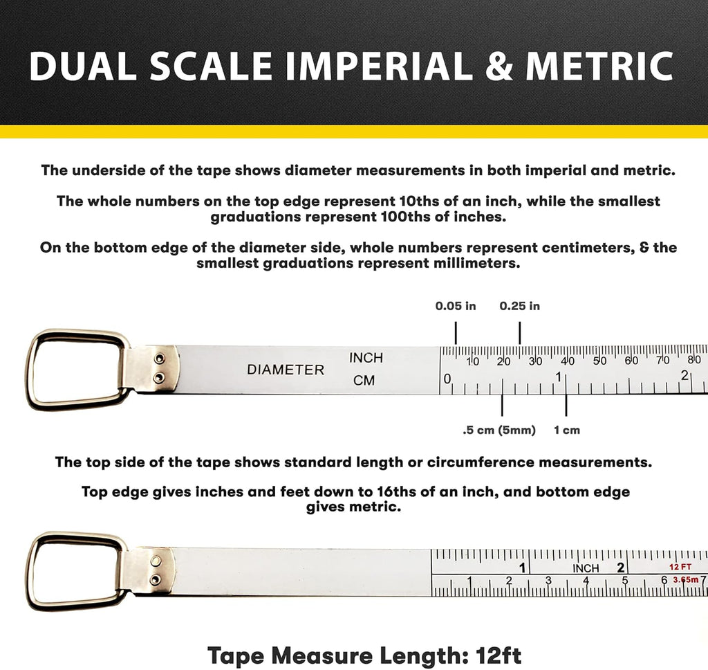 Perfect Pi Diameter Circumference Tape Measure - Imperial and Metric Tape Measure 1/2-inch By 12ft / 3.5m - Use for Measuring Cylindrical Objects - (Pipe Tape, Tree Tape) Model DCT120
