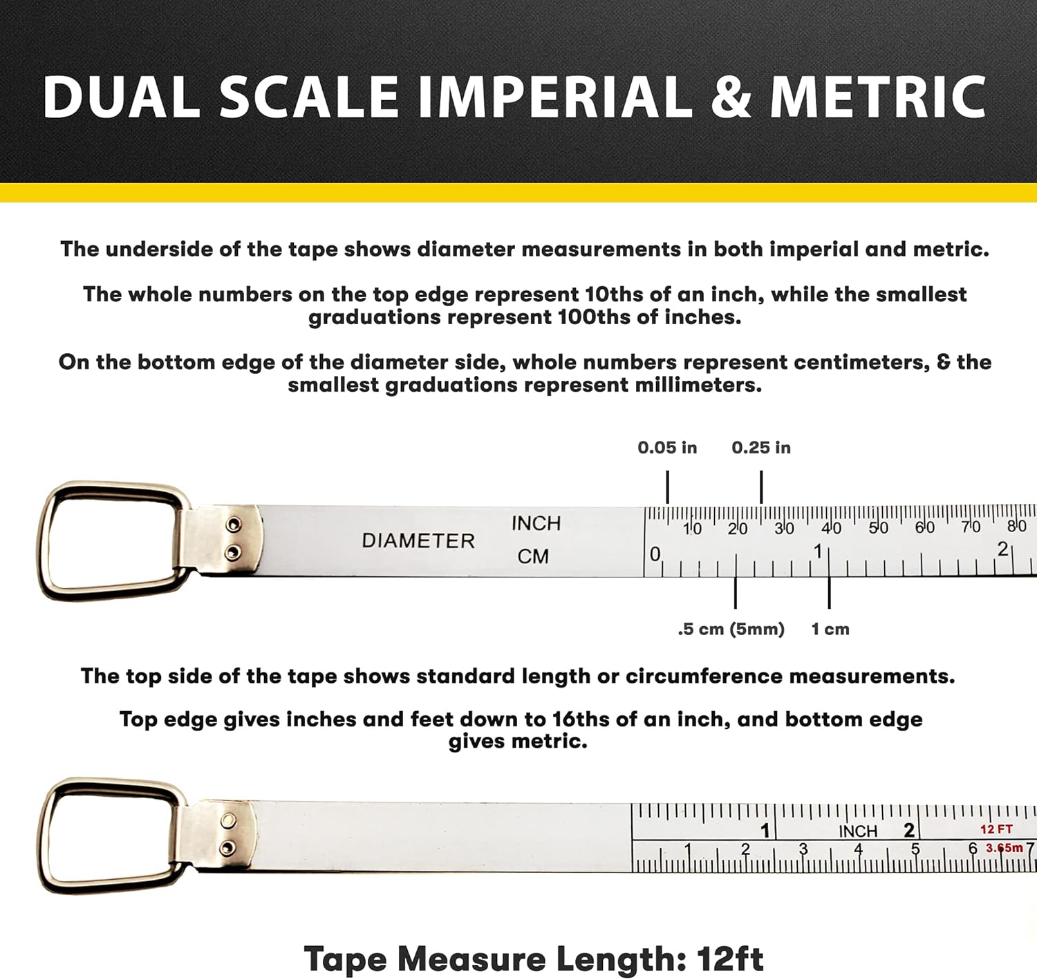 Perfect Pi Diameter Circumference Tape Measure - Imperial and Metric Tape Measure 1/2-inch By 12ft / 3.5m - Use for Measuring Cylindrical Objects - (Pipe Tape, Tree Tape) Model DCT120
