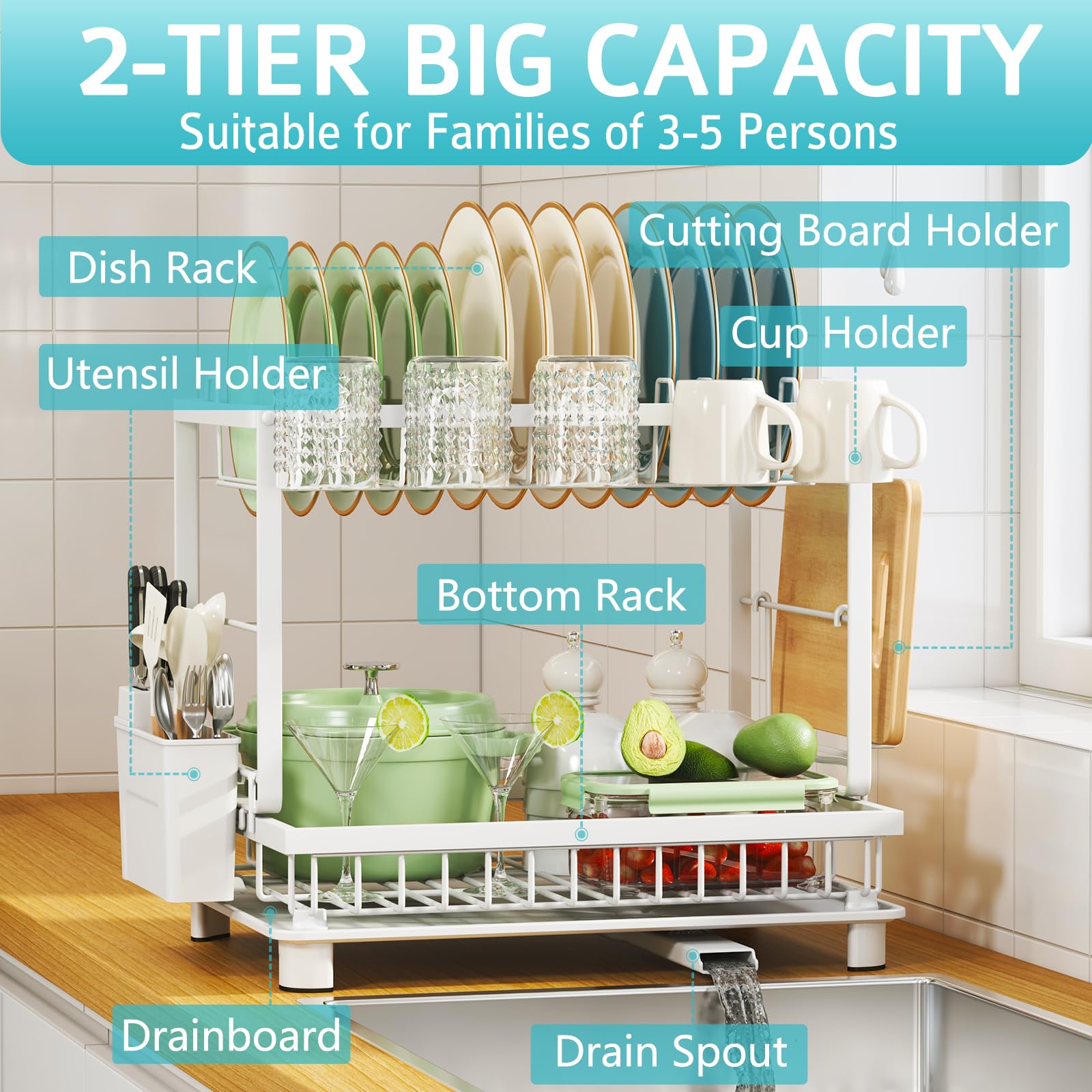 Dish Drying Rack, 2 Tier Space-Saving Dish Rack, Multifunctional Dish Drainer for Kitchen Counter with Drainboard/Utensil/Cup Holder Rustproof Carbon Steel, Black