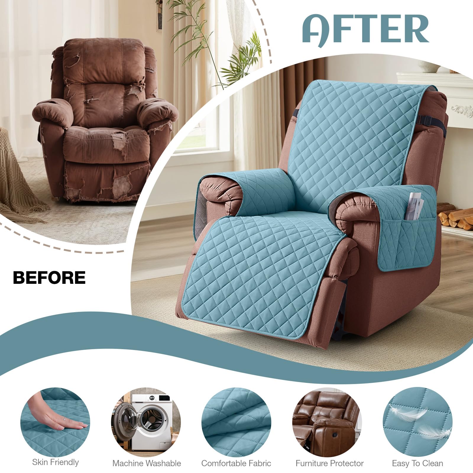 KinCam 100% Waterproof Recliner Chair Cover, Reclining Couch Covers for Pets, Dogs, Recliner Couch Slipcover Furniture Protector with Elastic Straps for Kids(23.6", Beige White)