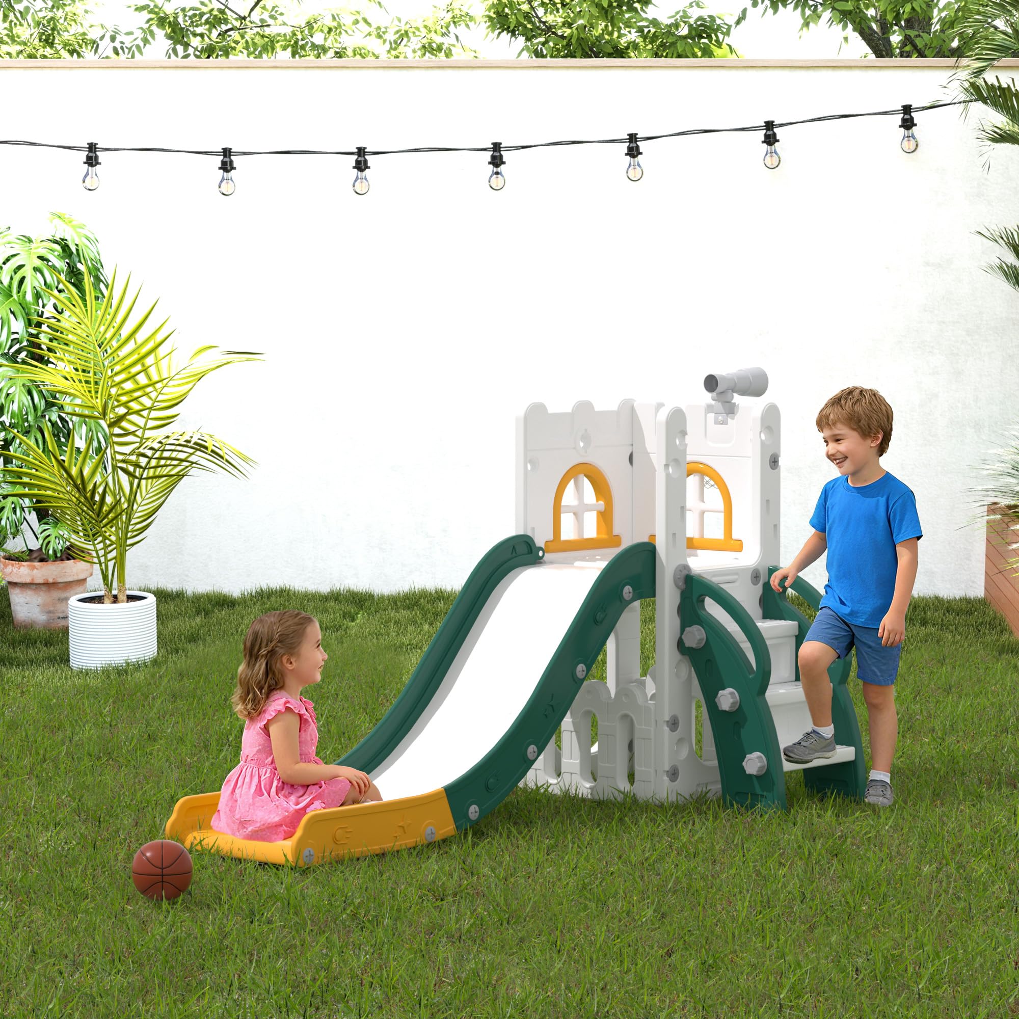 LulliSpace 6 in 1 Toddler Slide,Kids Playset for Toddlers Indoor Outdoor, Baby Slide with Basketball Hoop, Telescope & Storage Space,Non-Slip Steps for Great Gift