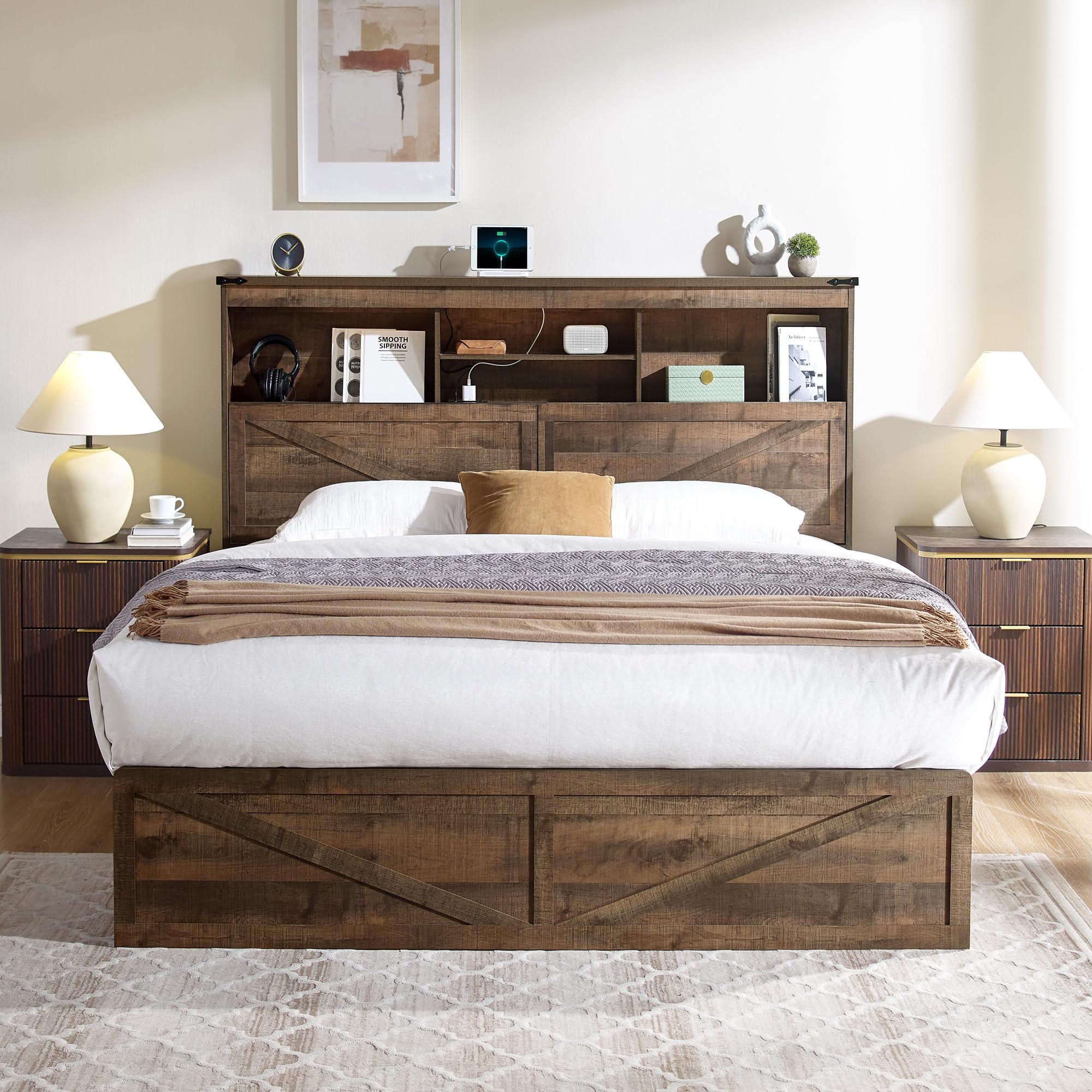 ACCOHOHO Queen Size Wood Bed Frame Farmhouse with 52" Tall Storage Bookcase Headboard, LED Light,Charging Station,4 Drawers and Solid Wood Slats Support,Noiseless,No Box Spring Needed - Black