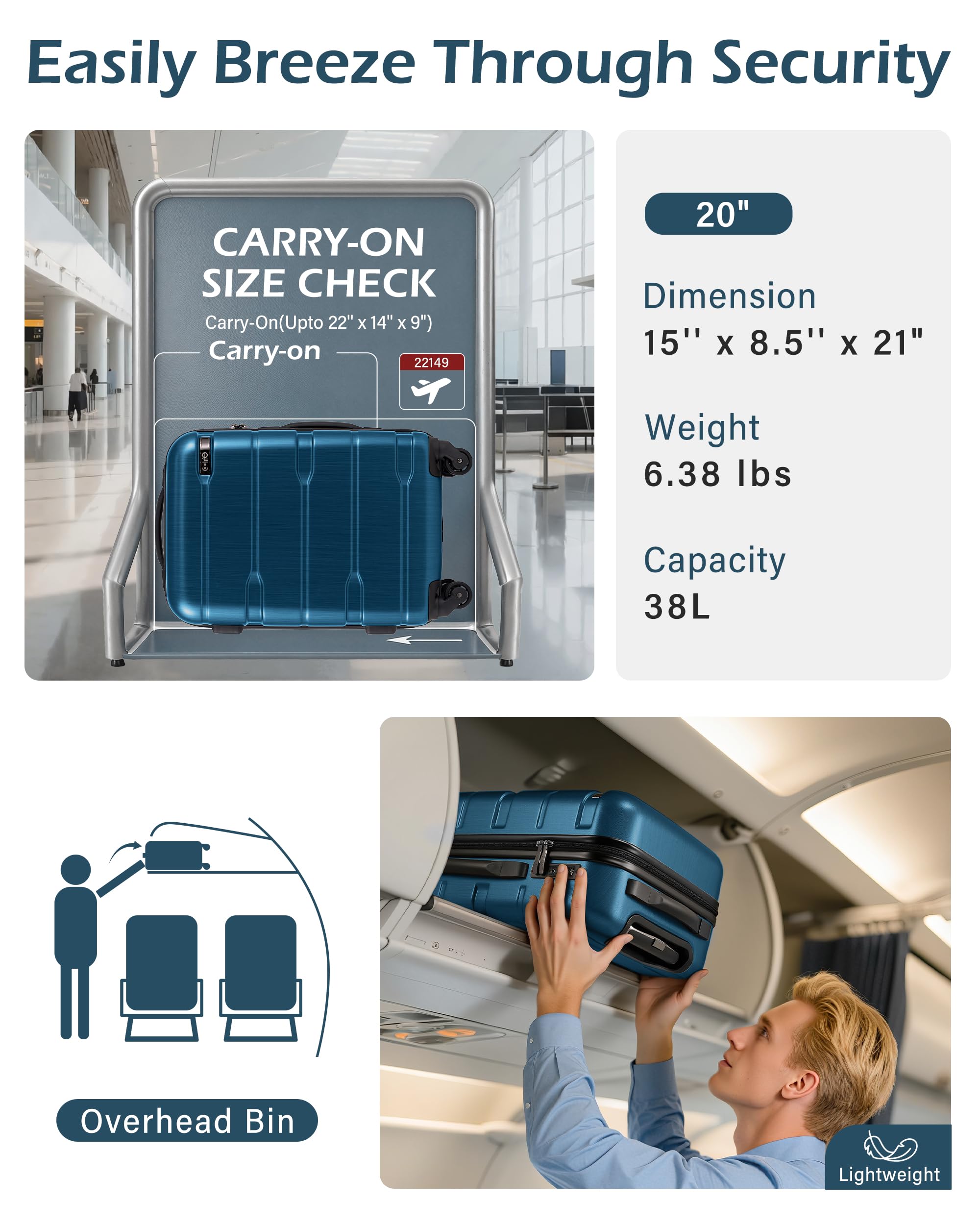 Coolife Carry On Luggage 22x14x9 Airline Approved Hardside PC+ABS Suitcase with TSA Lock, Lightweight Rolling Travel Luggage with Spinner Wheels(Black Brown, 20in)