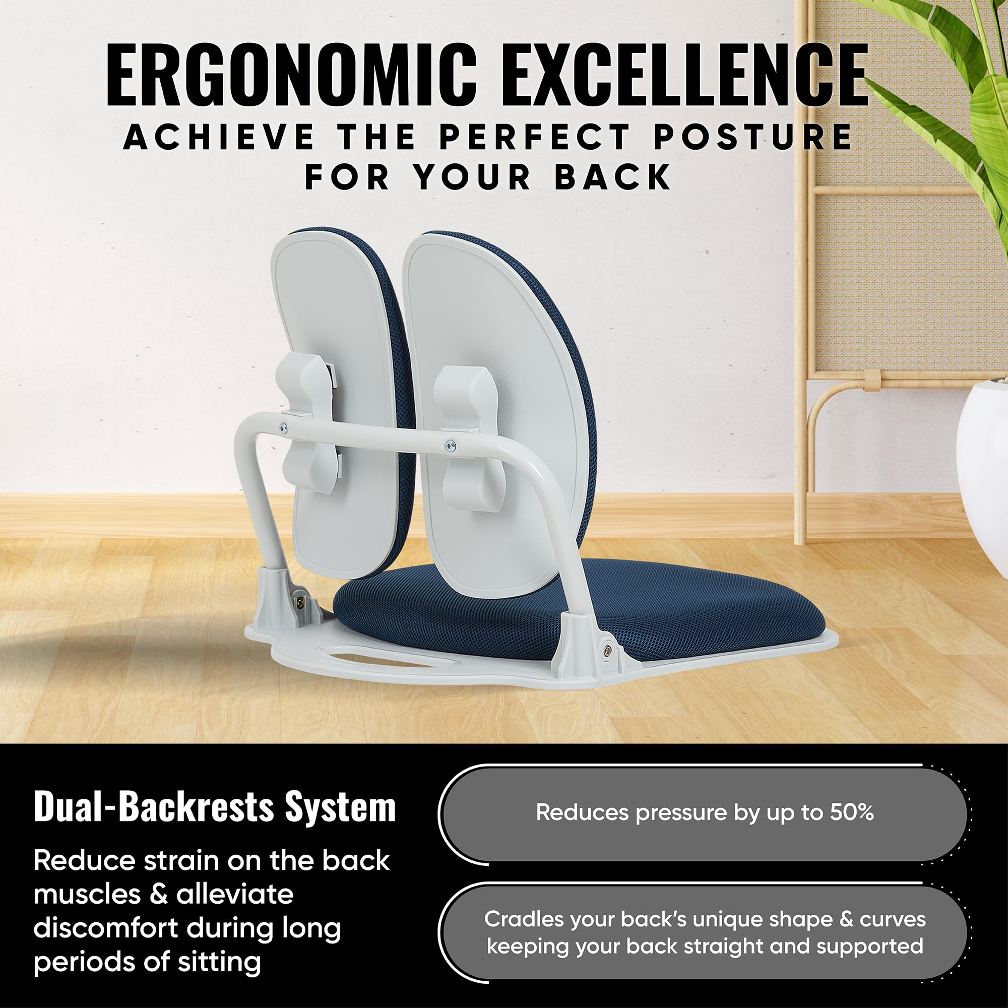 【Premium Dual-Backrests】 Made in Korea Ergonomic Floor Chair with Back Support - Meditation Chair, Floor Gaming Chair, Reading Chair, Floor Chairs for Adults, Foldable Chair (Black Leather)