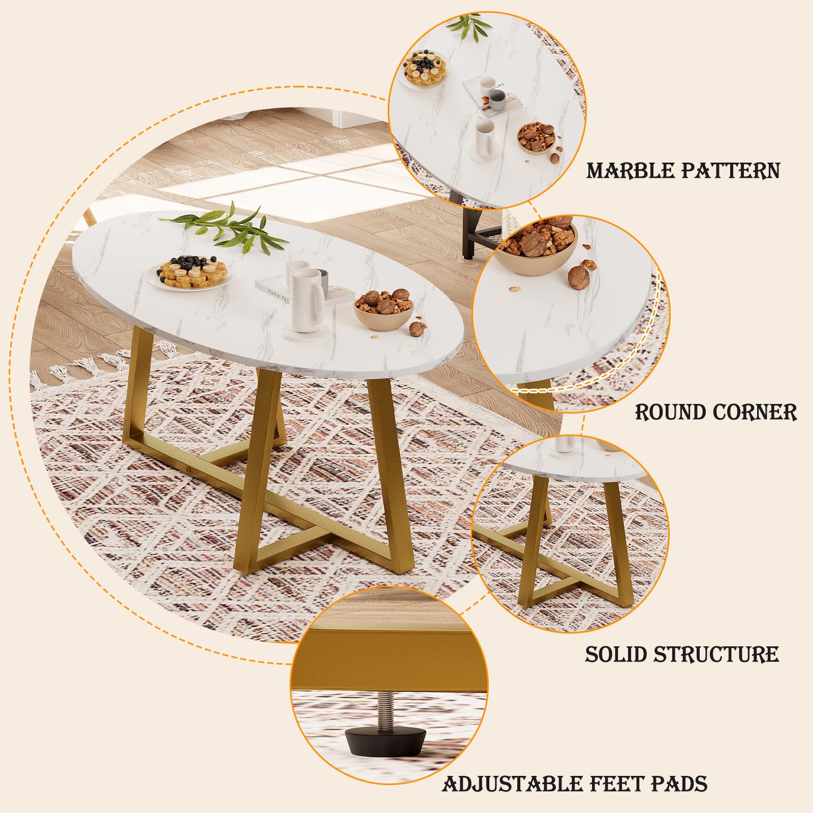 Wolawu Coffee Table Gold Oval Glass Coffee Tables for Living Room,Modern Gold Metal Frame Tea Tables for Small Space, Tempered Glass Top Center Table with Stable Cross Base for Bedroom, Office,Balcony