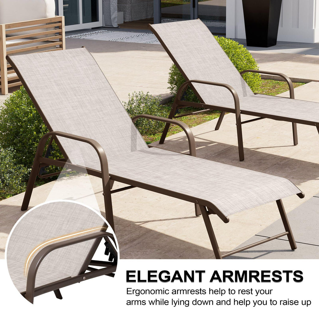 Crestlive Products Chaise Lounge Chair Outdoor with Armrests, Pool Lounge Chairs Set of 2, Aluminum Adjustable 5 Positions Sun Tanning Lounger for Patio, Poolside, Yard, Deck, Backyard (Beige)