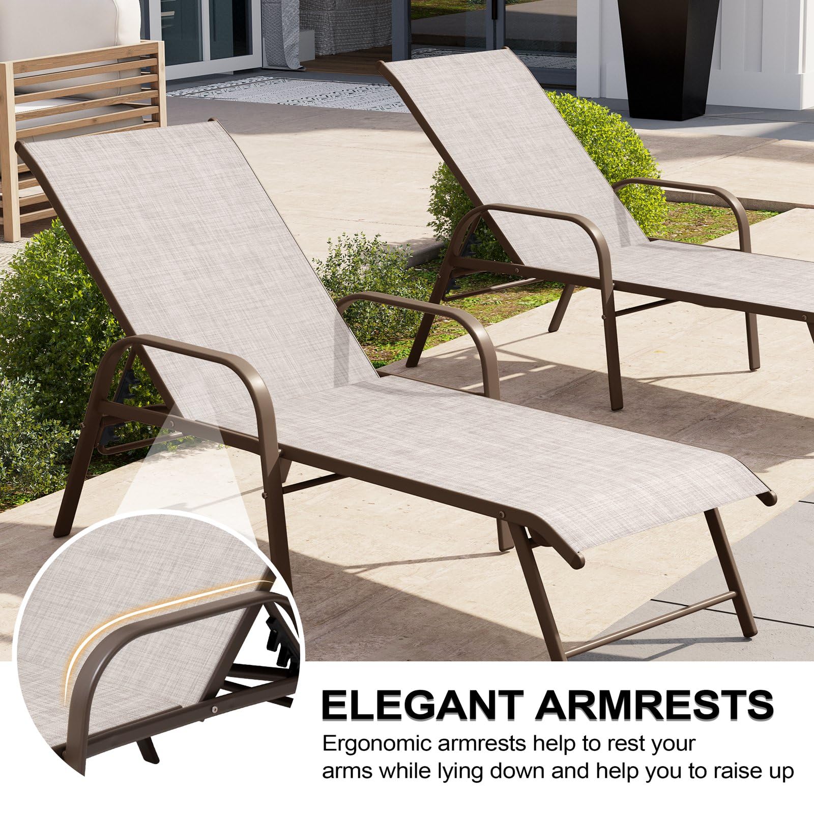 Crestlive Products Chaise Lounge Chair Outdoor with Armrests, Pool Lounge Chairs Set of 2, Aluminum Adjustable 5 Positions Sun Tanning Lounger for Patio, Poolside, Yard, Deck, Backyard (Beige)