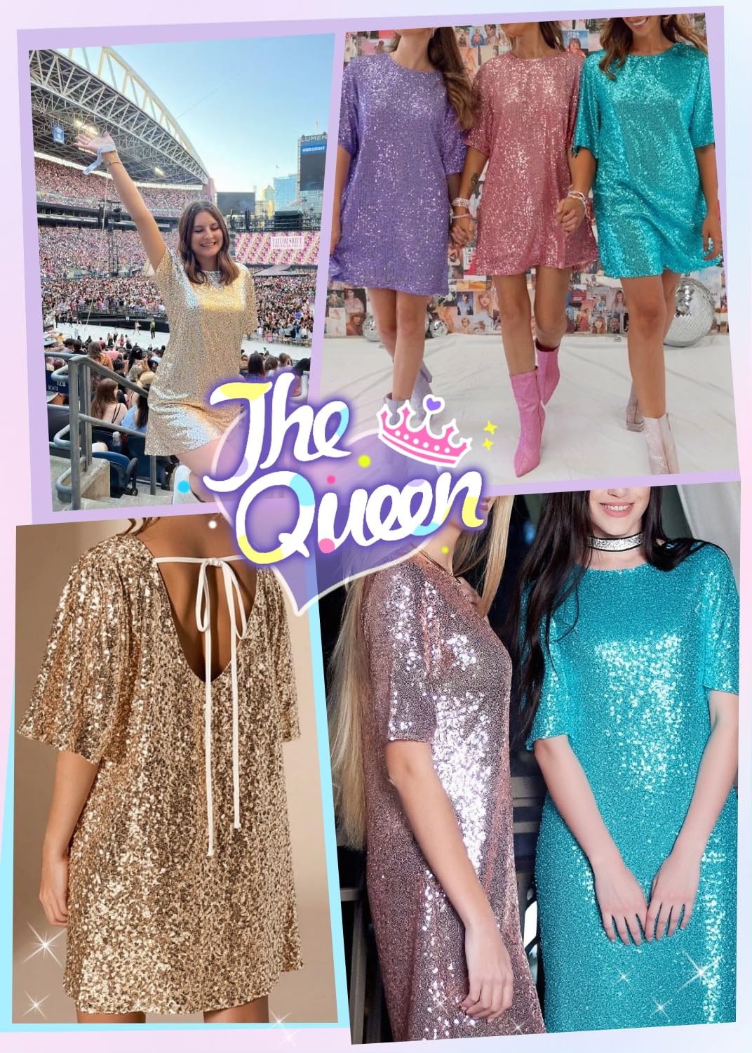 Women's Crew Neck Sequin Dress for Women Sexy V Neck Shirt Dress Sparkly Half Sleeve Loose Party Club Cocktail Dress