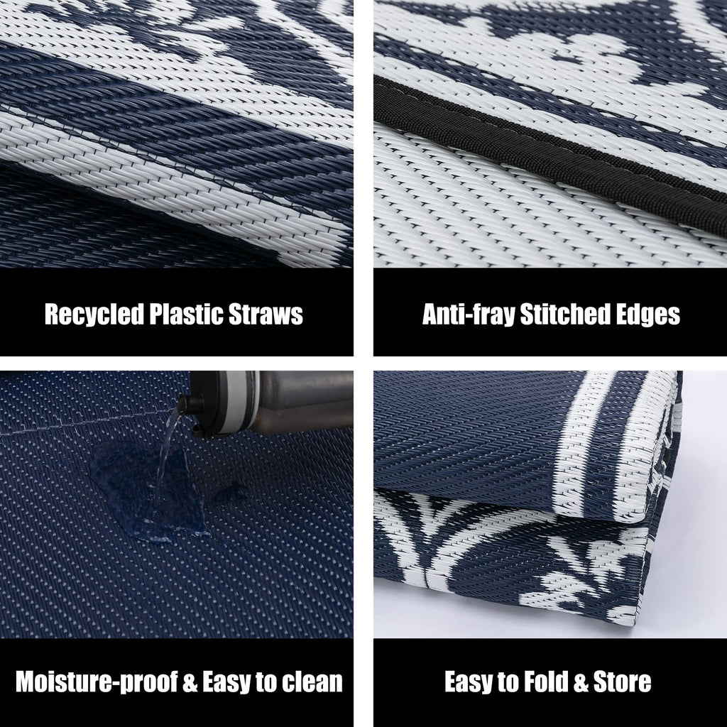 HUGEAR Outdoor Patio Rug 3'x5' Waterproof Outside Area Rugs Blue Reversible Plastic Straw Carpet for RV Deck Camping Entryance Porch Picnic Balcony Beach
