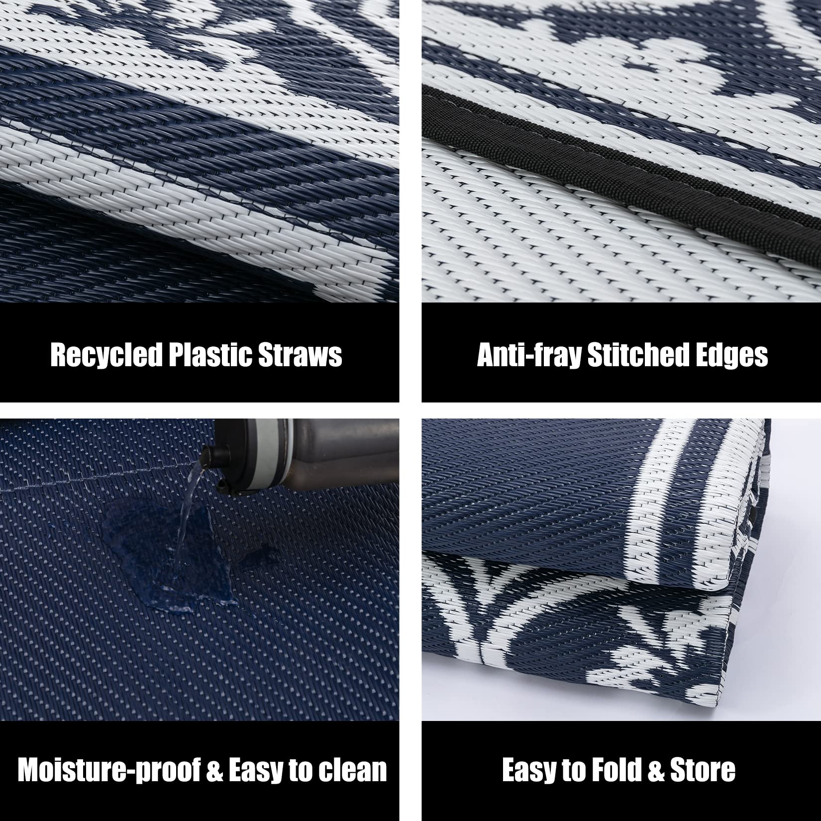 HUGEAR Outdoor Patio Rug 3'x5' Waterproof Outside Area Rugs Blue Reversible Plastic Straw Carpet for RV Deck Camping Entryance Porch Picnic Balcony Beach