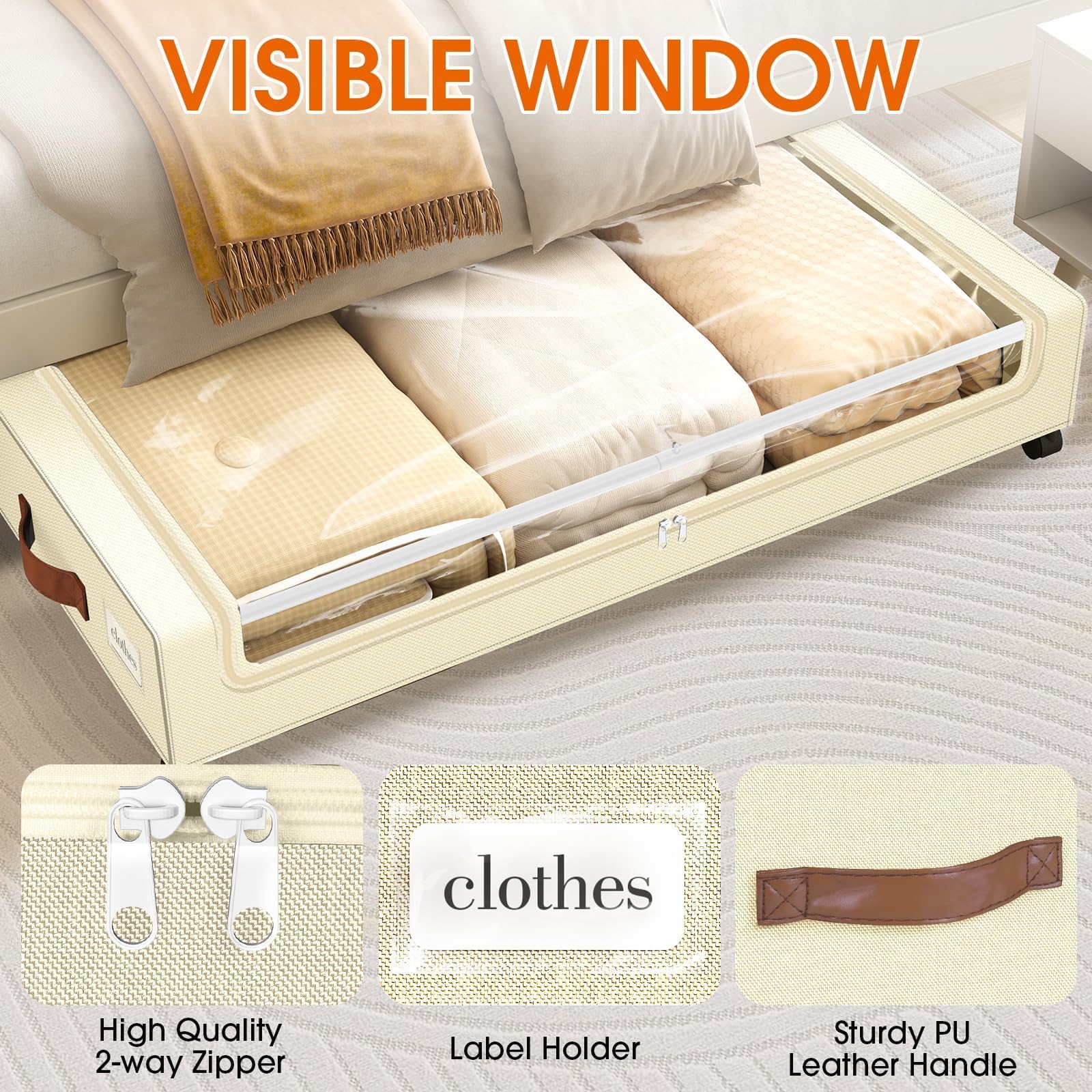 SpaceHacks Under Bed Storage with Wheels 1Pack Underbed Storage with Clear Window&Label Under Bed Drawers Large Capacity Rolling Under Bed Storage for Clothes,Shoes, Blankets (Beige)