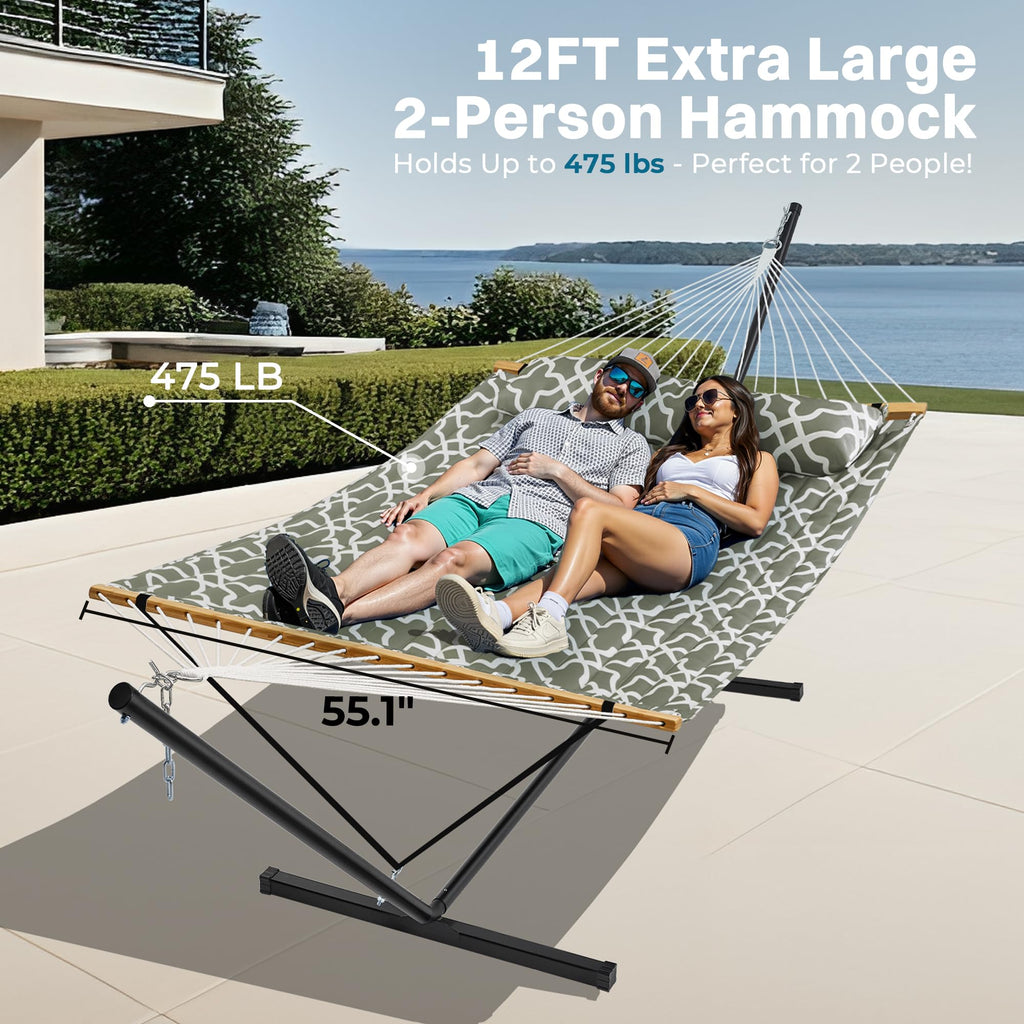 SUPERJARE Hammock with Stand, 2 Person Quilted Outdoor Hammock, Detachable Pillow & Bamboo Spreaders, Portable Hammock with Carrying Bag, Heavy Duty Stand, Perfect for Outside, Patio, Aqua Blue