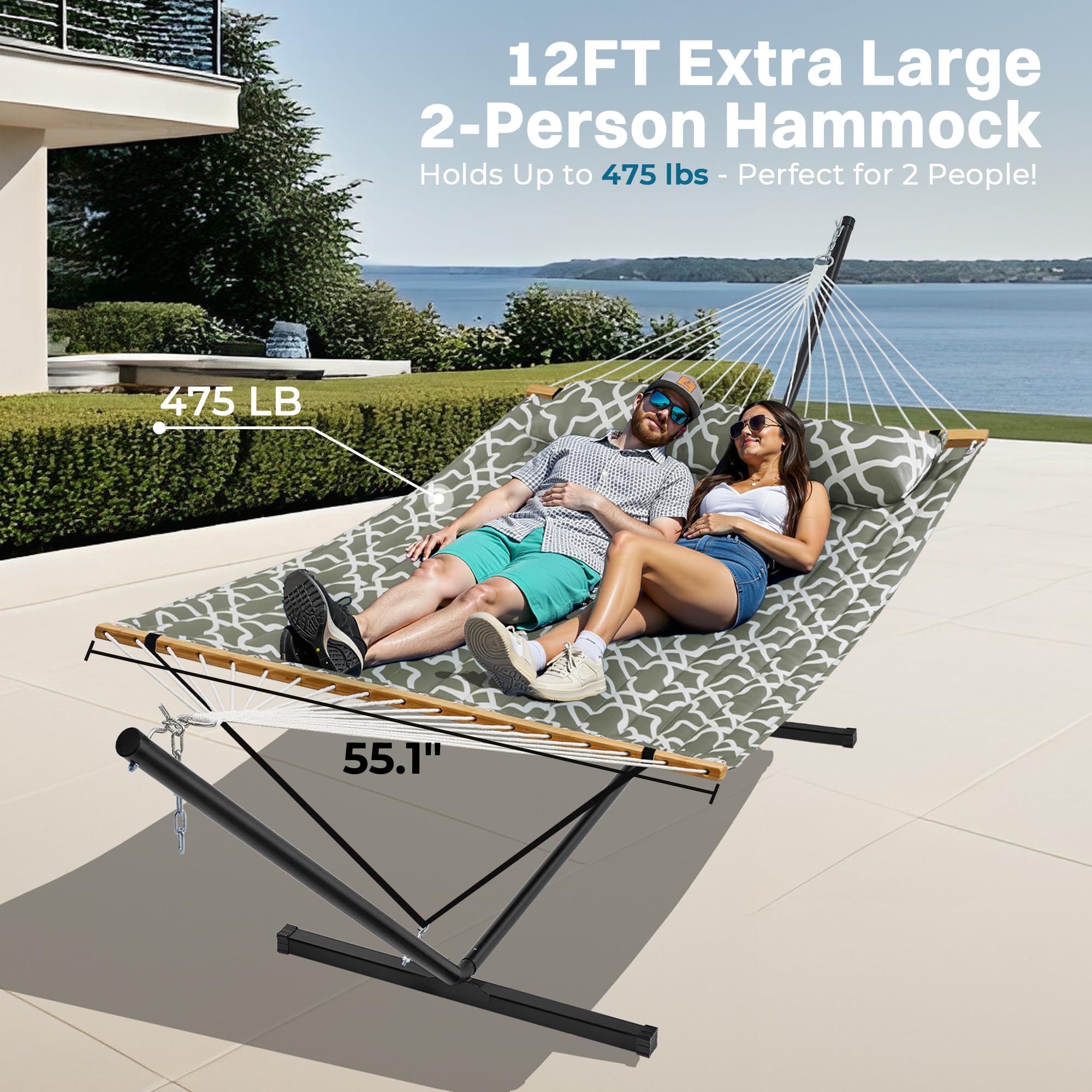 SUPERJARE Hammock with Stand, 2 Person Quilted Outdoor Hammock, Detachable Pillow & Bamboo Spreaders, Portable Hammock with Carrying Bag, Heavy Duty Stand, Perfect for Outside, Patio, Aqua Blue