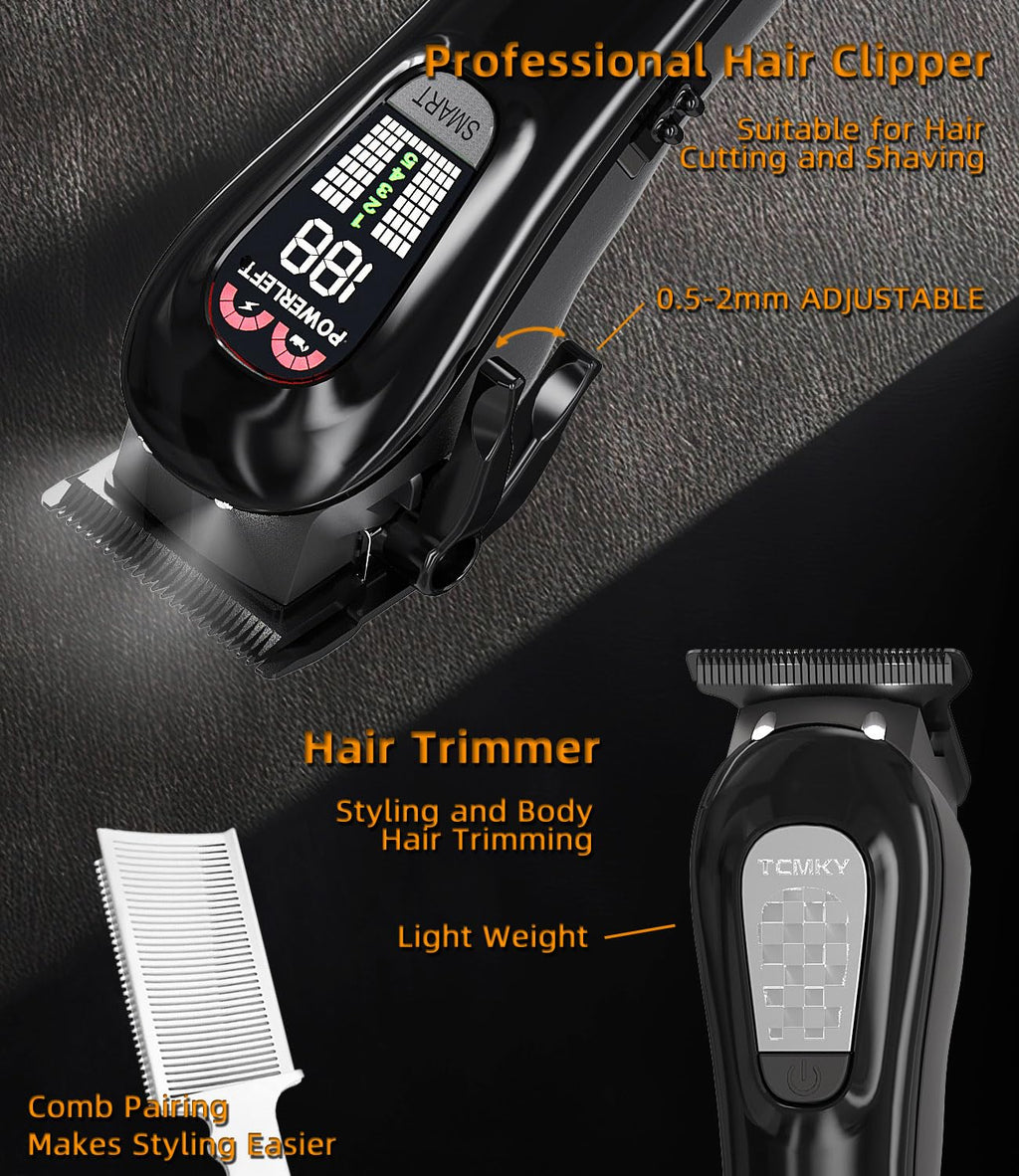 TCMKY Hair Clippers Professional Cordless for Men, Barber Clippers for Hair Cutting Kit, Wireless LCD Display Hair Trimmers Set, Rechargeable Haircut Machine for Family (Black)