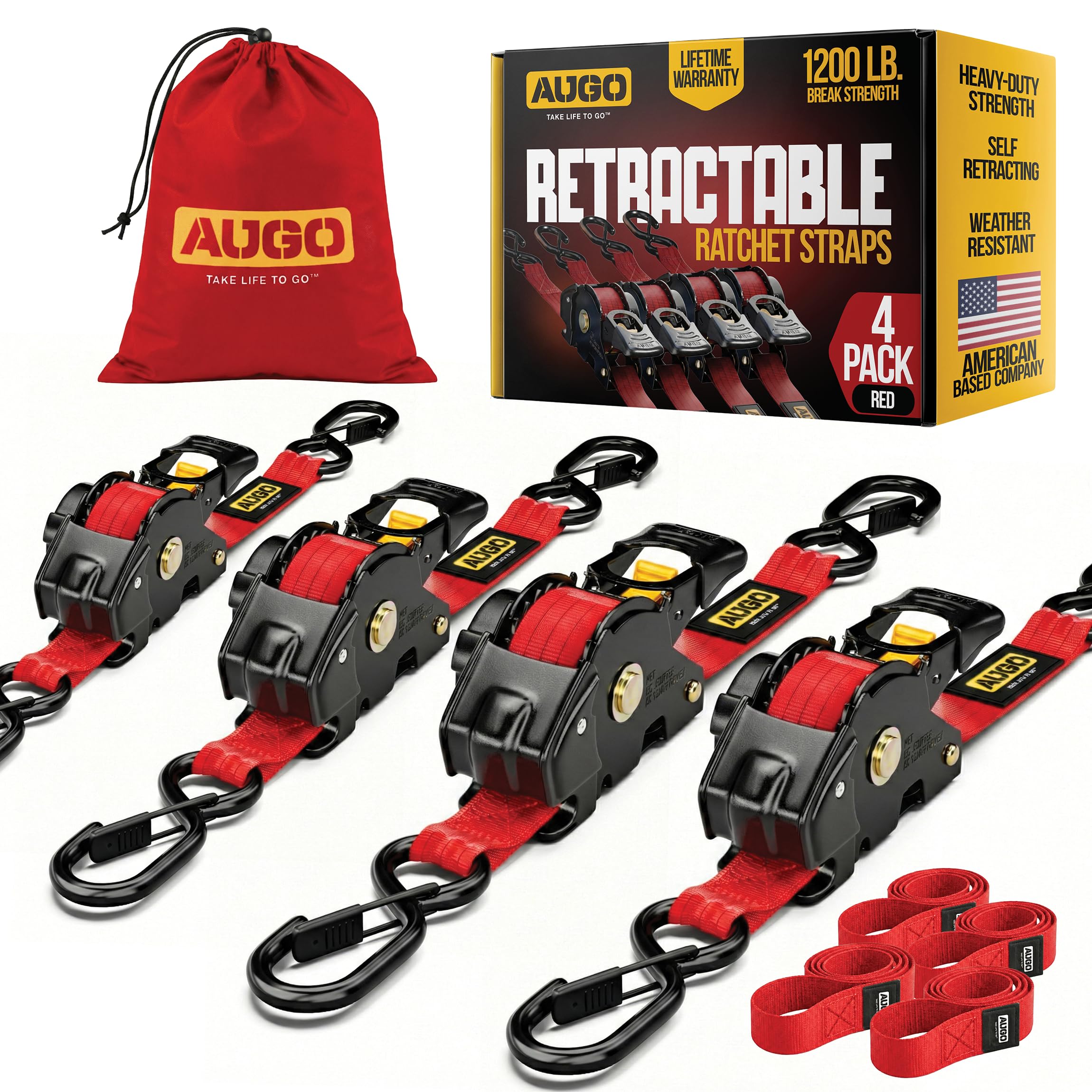 AUGO Retractable Ratchet Straps | 2 Heavy Duty Ratchet Straps Self Retractable Tie Downs with Soft Loops & Storage Bag for Motorcycle, Truck, Trailer, Cargo Van | 1200 Lb Break Strength 1” x 10’