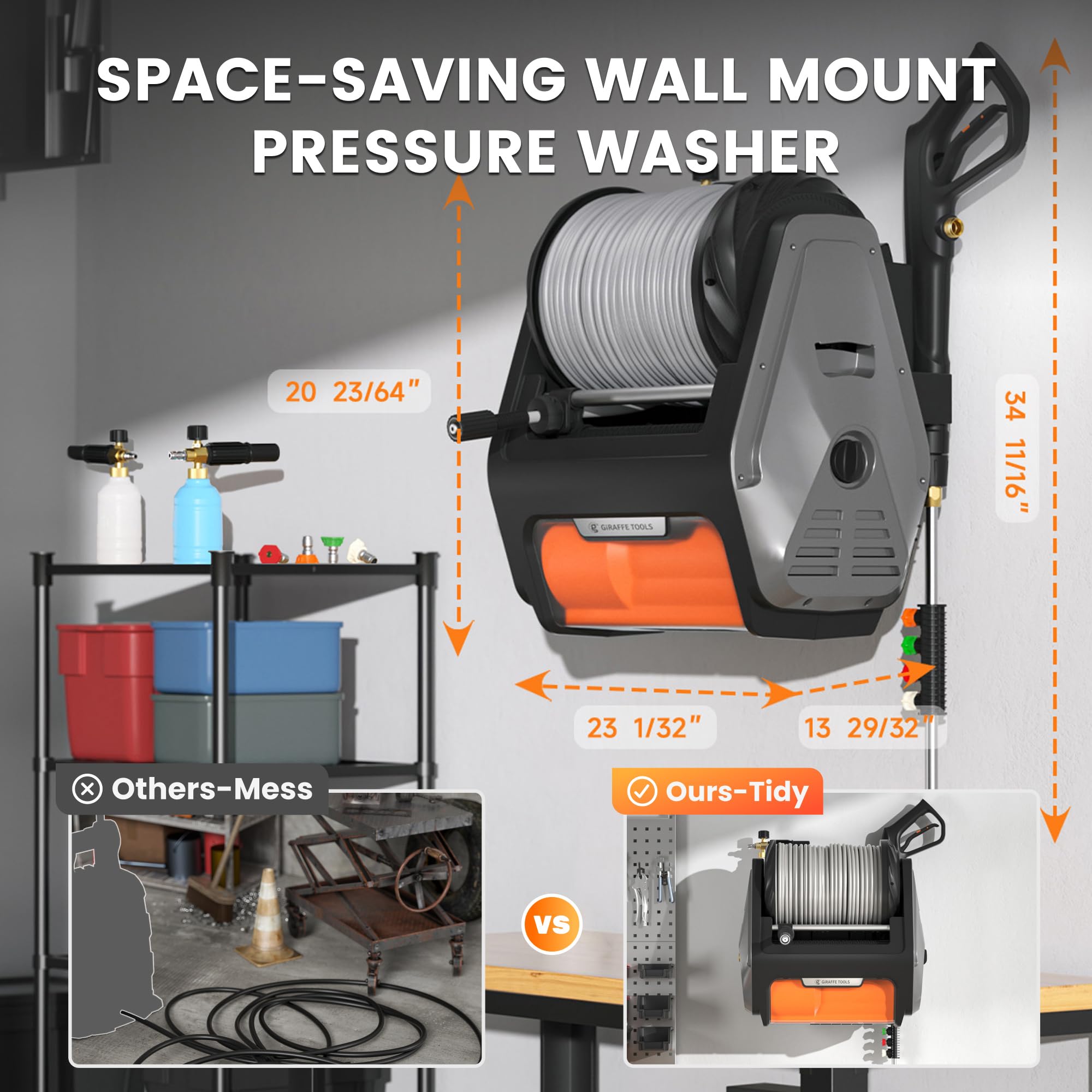 Giraffe Tools Grandfalls Retractable Wall Mounted Pressure Washer Pro, 3700 PSI, 1.6 GPM Electric Power Washer, Automatic Rewind, 100ft Pressure Hoses, 5 Nozzles for Cars/Fences/Patios, Dark Silver