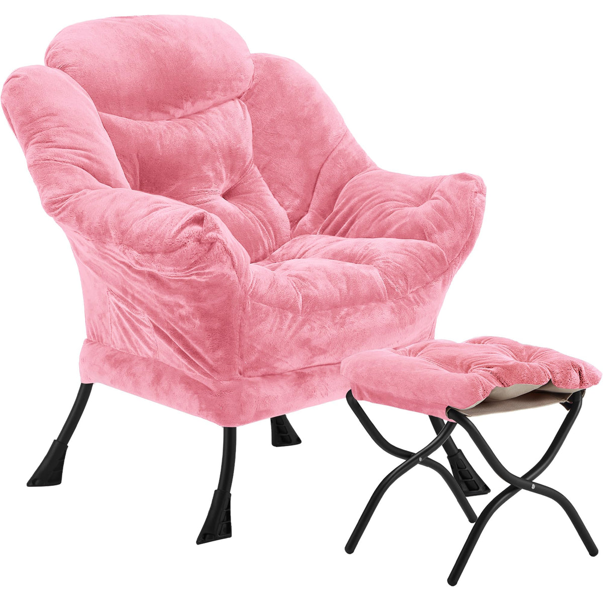 Youtanic Lazy Chair with Folding Ottoman, Accent Chair Velvet Upholstered with Metal Structure and Non-Slip Pads, Sofa Armchair with Footrest and Side Storage Bag for Dorm, Room, Office, Beige