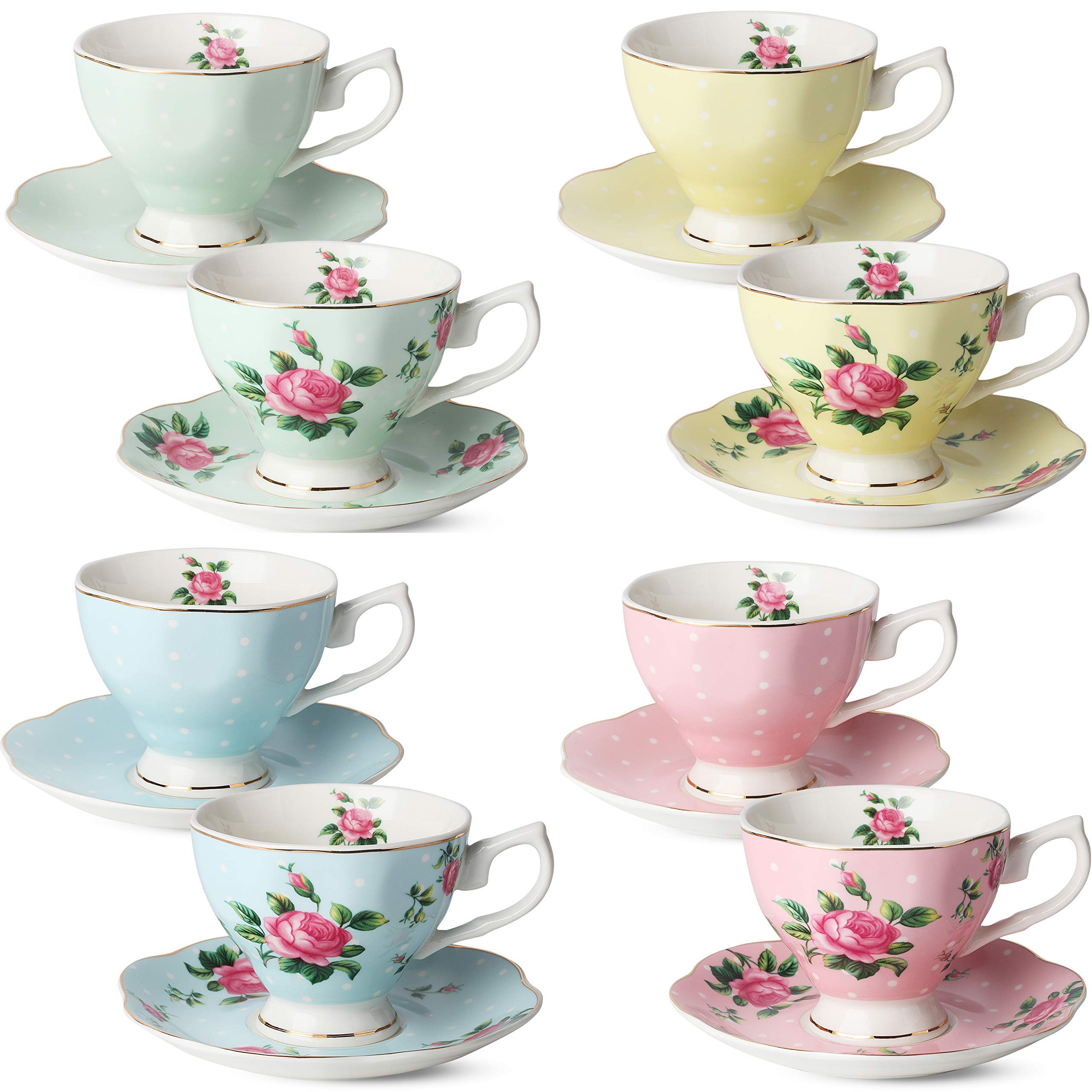 BTaT- Tea Cups and Saucers, Set of 6 with Spoon, 8 oz, Fine Porcelain Teacup Set with Gold Trim for Afternoon Tea, Weddings, Parties & Gifting, Dishwasher Safe, Lightweight, Non-Toxic