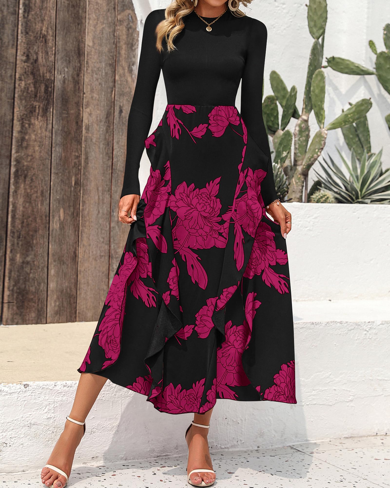 BTFBM Womens Floral Maxi Dress Fall 2025 Casual Crewneck Long Sleeve Ruffle Flowy Cocktail Wedding Guest Dresses