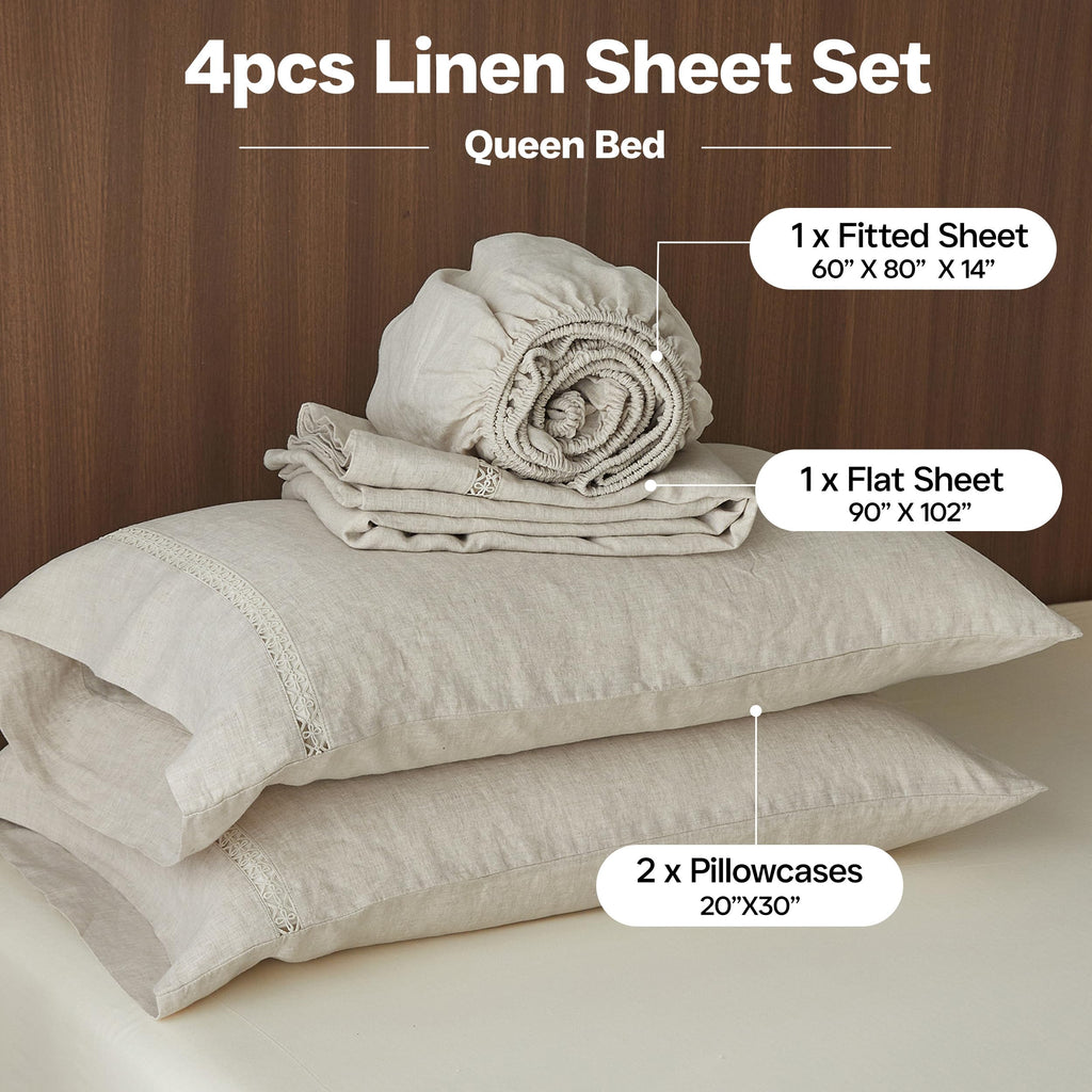 Simple&Opulence 100% Pure Linen Sheet Set Twin Size, Natural French Flax Solid Color 3 Pcs Washed Breathable, Farmhouse Bedding (1 Flat Sheet,1 Fitted Sheet,1 Pillowcase)-Embroidery Dark Grey