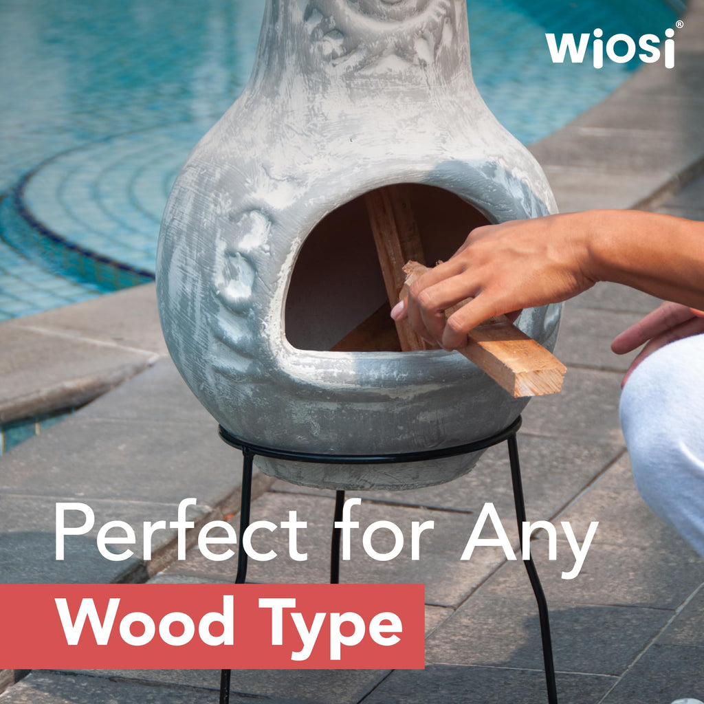 Wiosi Medium 𝗖𝗵𝗶𝗺𝗶𝗻𝗲𝗮 Outdoor Fireplace for Patio Clay Chimineas with Chimney Rain Lids and Solid Metal Stands - Yellow Terracotta Chimenea - Rustic Wooden Fire Pit Chimnea 16 x 16 x 32-inch