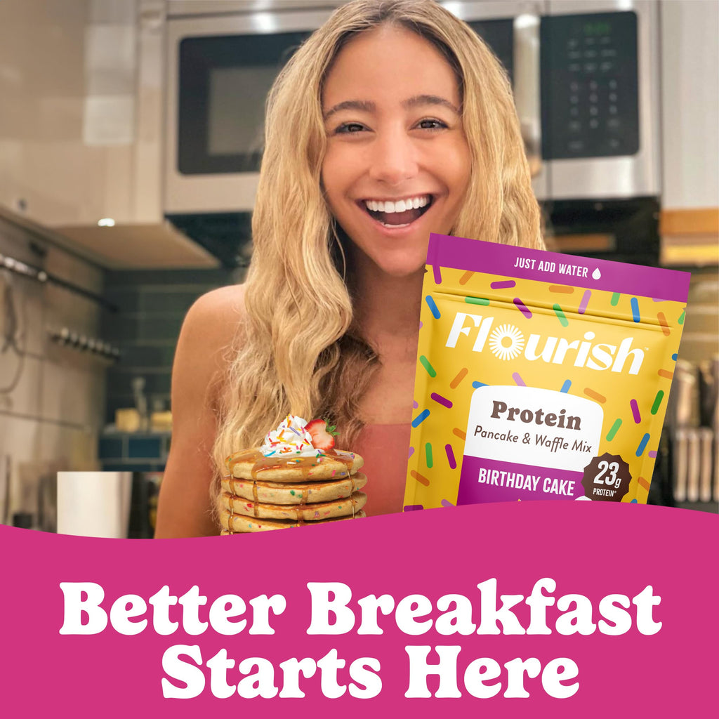 Flourish Protein Pancake & Waffle Mix, with Whey Protein & Flax Seed, No Added Sugar, High in Protein & Fiber - Just Add Water - Birthday Cake Flavour 16oz (2 pack)