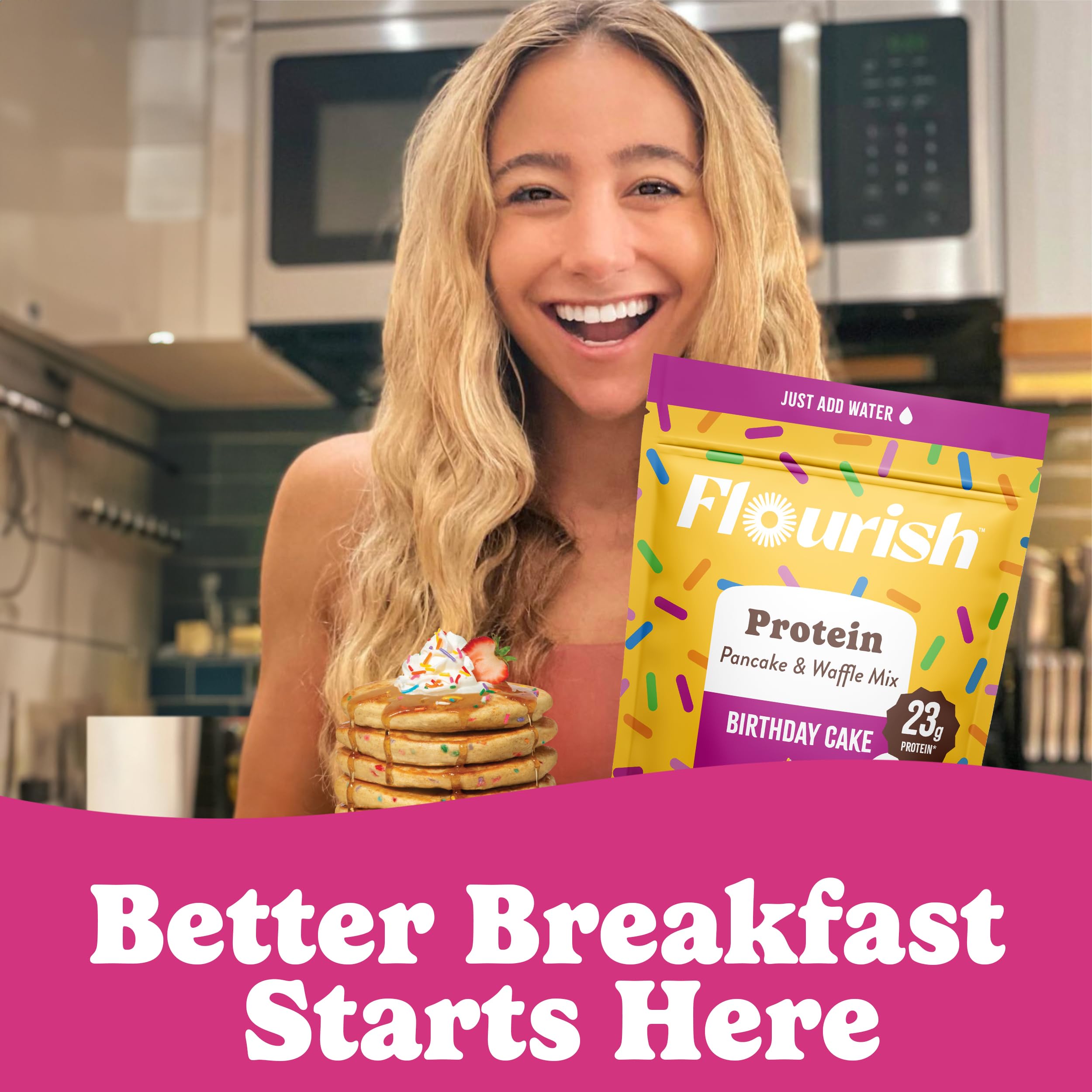 Flourish Protein Pancake & Waffle Mix, with Whey Protein & Flax Seed, No Added Sugar, High in Protein & Fiber - Just Add Water - Birthday Cake Flavour 16oz (2 pack)