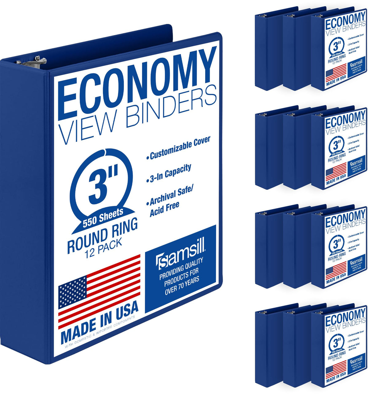 Samsill 1 Inch 3 Ring Binders, Economy Round Ring, Clear View Cover, 200 Sheet Capacity - for School, Home, Office - Blue, 4 Pack