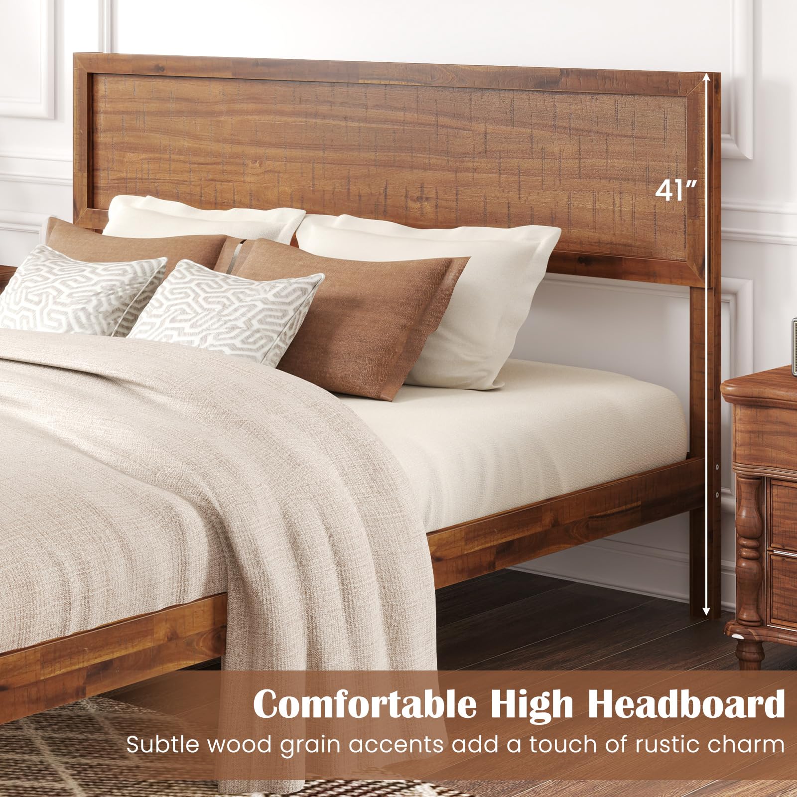 Giantex Wood Twin Bed Frames with Headboard, Solid Acacia Wood Platform Bed with 12 Strong Wooden Slat Support, Scandinavian Style Art Deco Twin Size Bed Frame, No Box Spring Needed, Rustic Brown