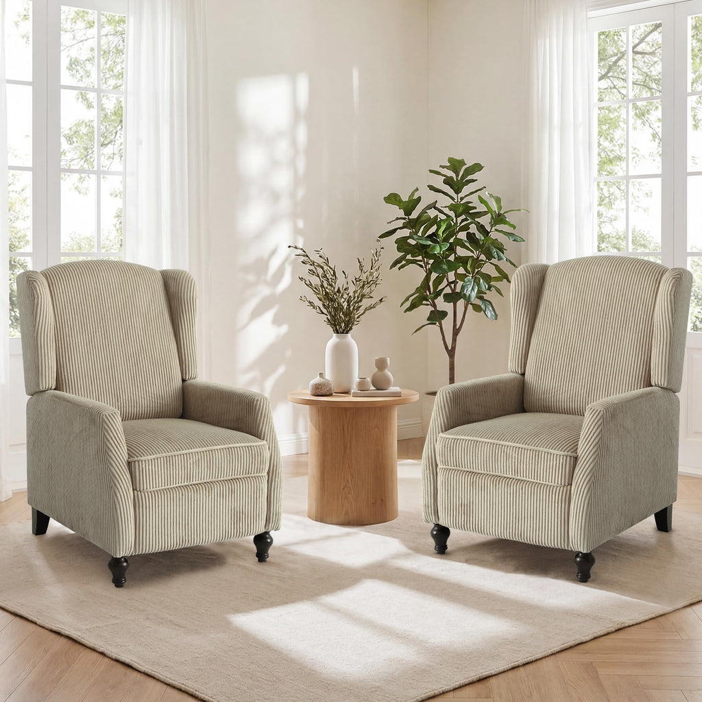 Wingback Chair with Massage and Heat, Tufted Fabric Pushback Recliner Chair, Wingback Recliner Chair with Remote Control, Padded Cushion, Wooden Legs, Small Recliners for Small Spaces