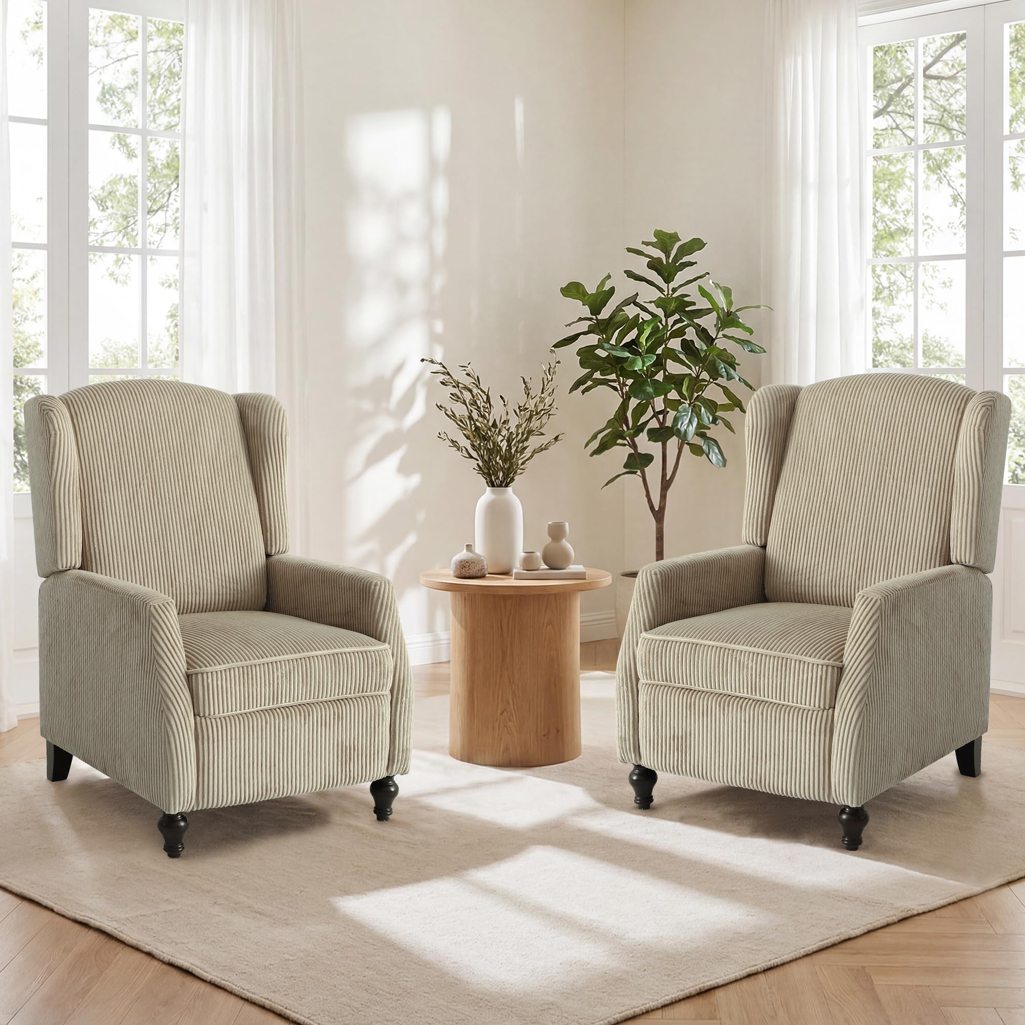 Wingback Chair with Massage and Heat, Tufted Fabric Pushback Recliner Chair, Wingback Recliner Chair with Remote Control, Padded Cushion, Wooden Legs, Small Recliners for Small Spaces