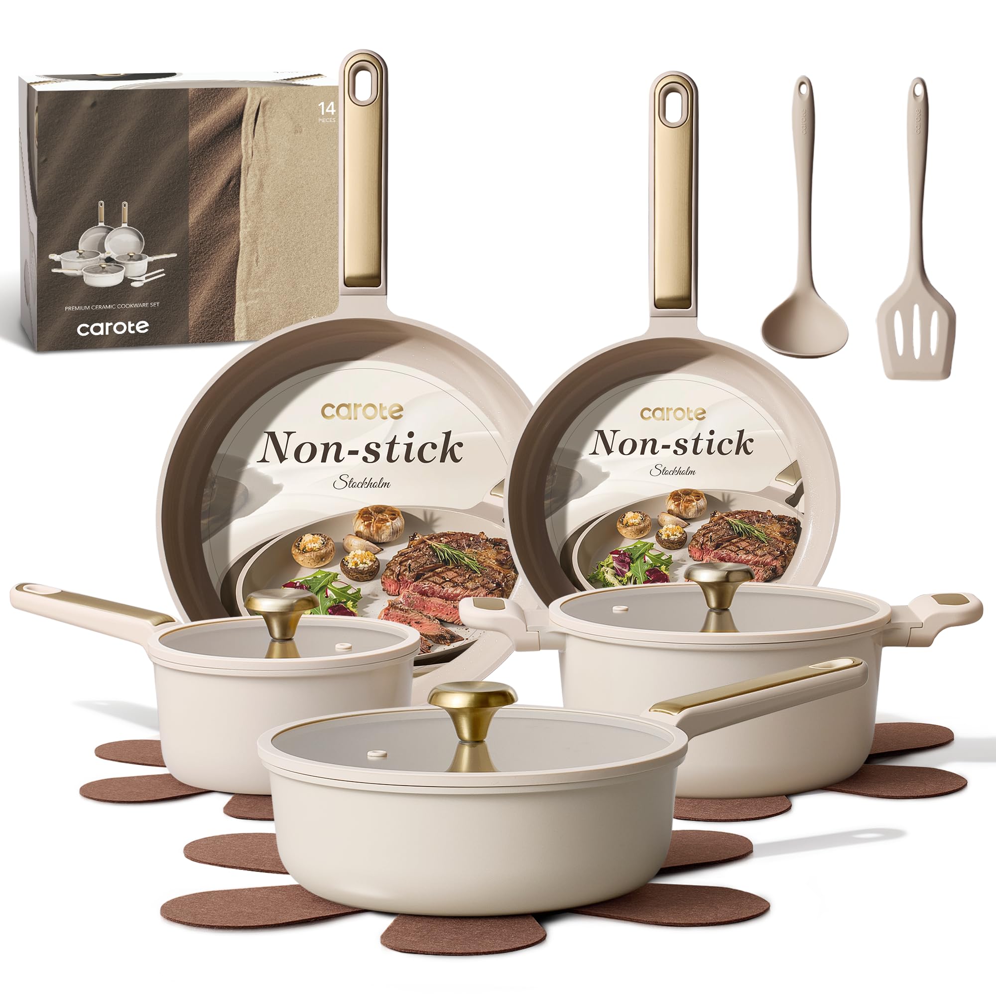 CAROTE 14Pcs Pots and Pans Set Non Stick, Cookware Sets Induction Cookware Granite Cooking Set with Frying Pans, Saucepans, Saute Pan, Extra Large Casserole