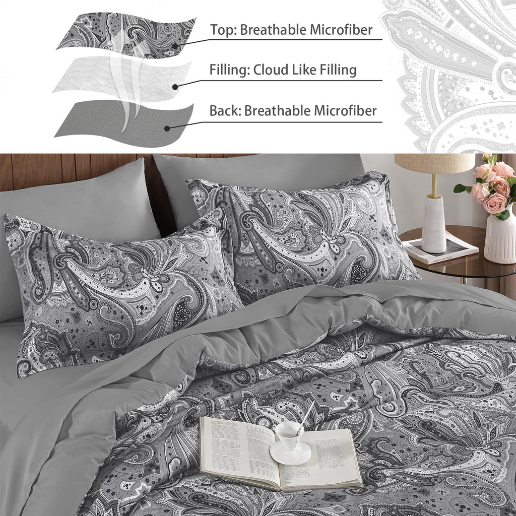 DJY Black Paisley Comforter Set Full Size 7 Piece Bed in a Bag Black and Grey Boho Paisley Pattern Comforter Set Soft Lightweight Microfiber Reversible Bedding Set for All Season