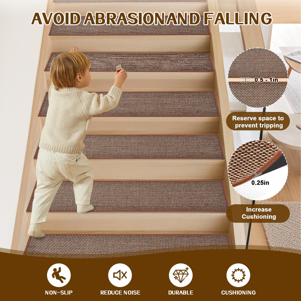Non Slip Stair Treads for Wooden Steps, Square Rubber Backing Non Slip Stair Landing Mat, Thicken Linen Carpet Stair Runners Indoor, No Residue Stair Carpet Treads, 29"x29", Beige