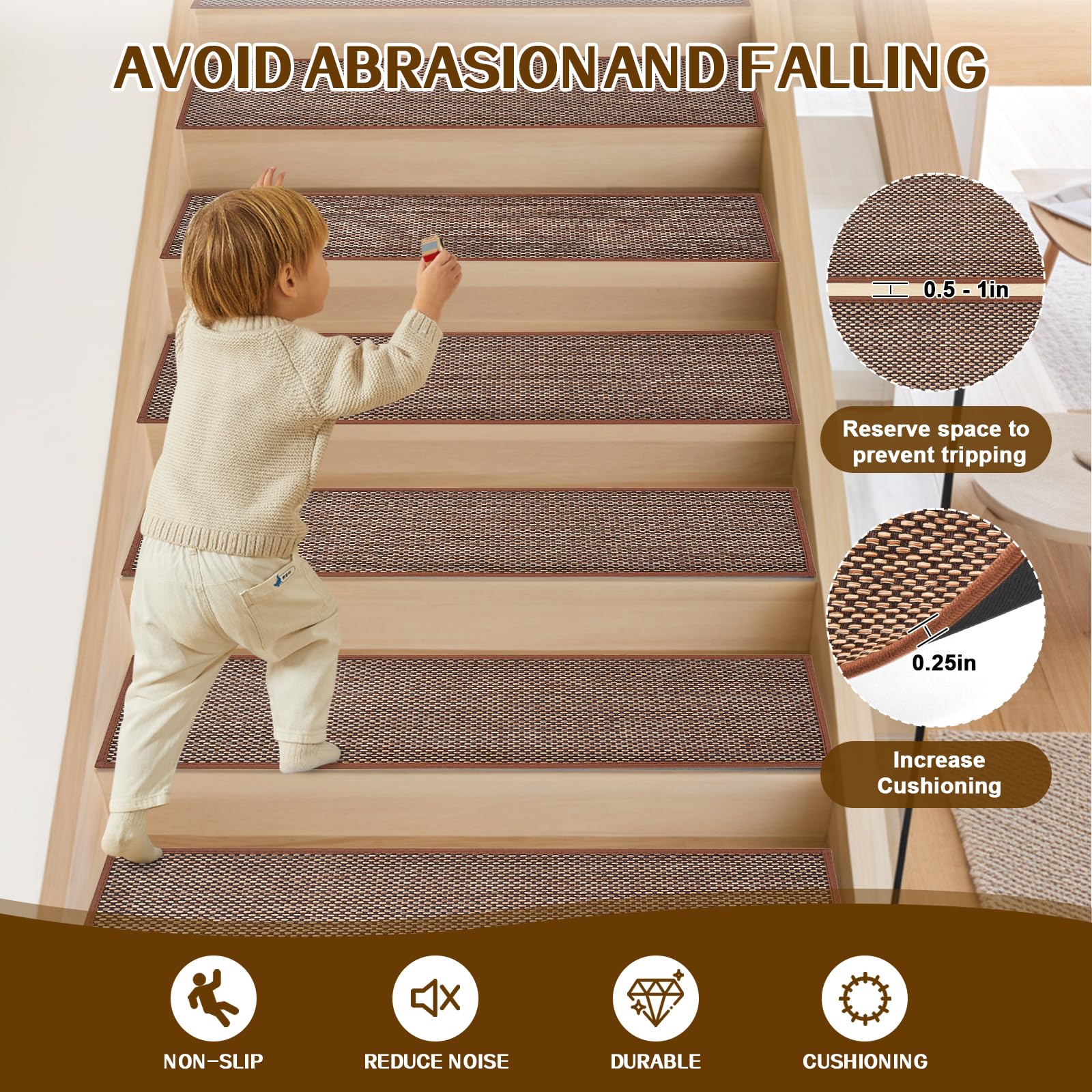 Non Slip Stair Treads for Wooden Steps, Square Rubber Backing Non Slip Stair Landing Mat, Thicken Linen Carpet Stair Runners Indoor, No Residue Stair Carpet Treads, 29"x29", Beige